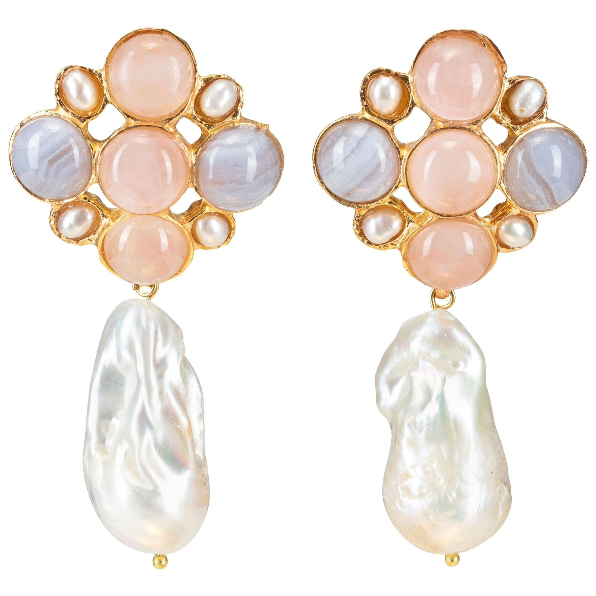 Christie Nicolaides Gold Margot Earrings in Pale Pink & Pearl For Sale