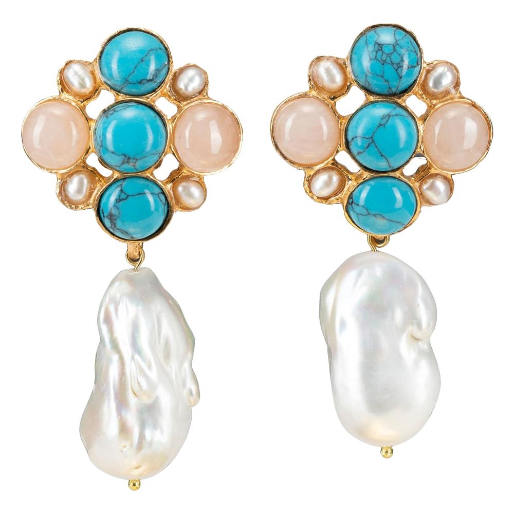 Christie Nicolaides Gold Margot Earrings in Pink, Turquoise & Pearl  For Sale