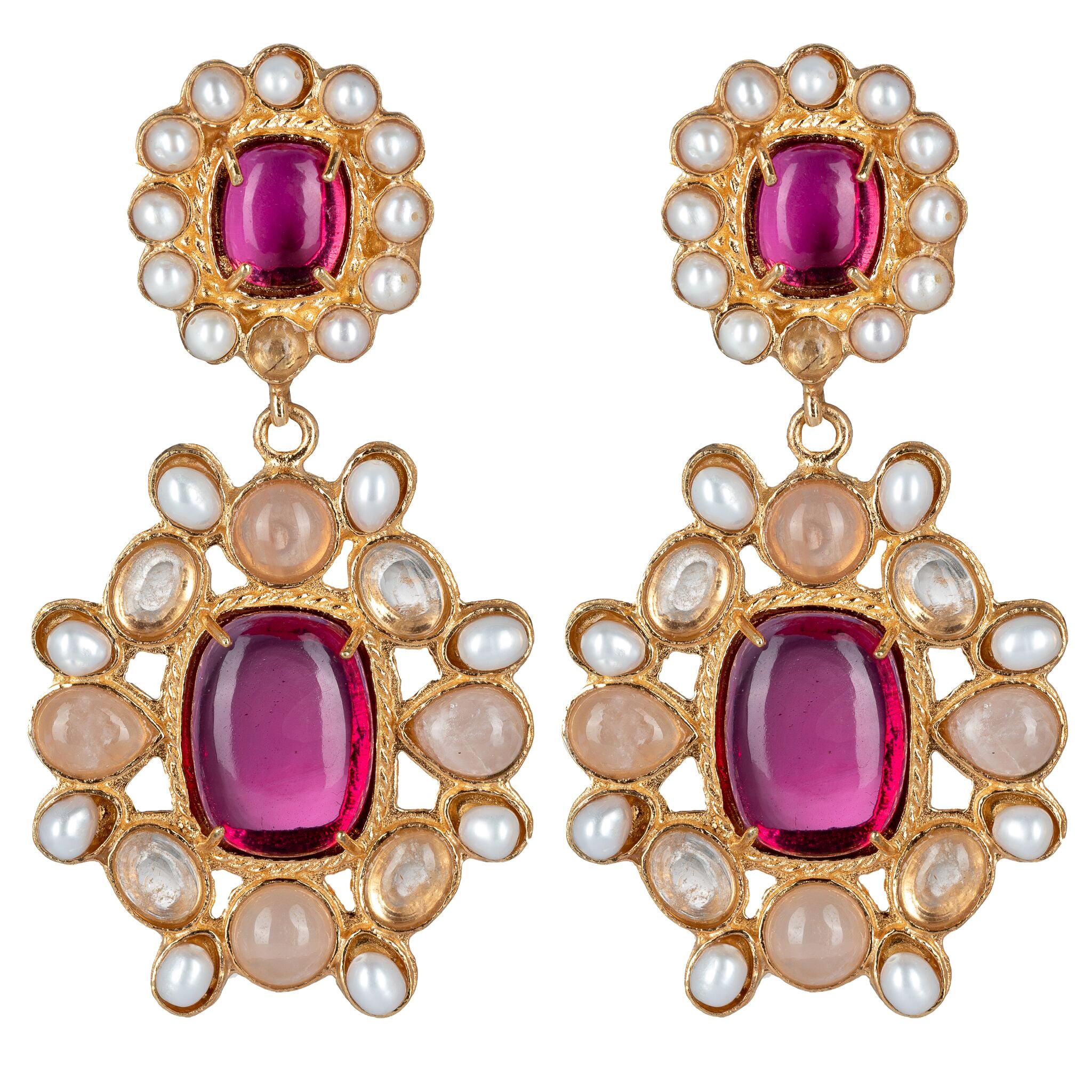 Christie Nicolaides Gold Mirabella Earrings in Pink and Clear Quartz & Pearl  For Sale