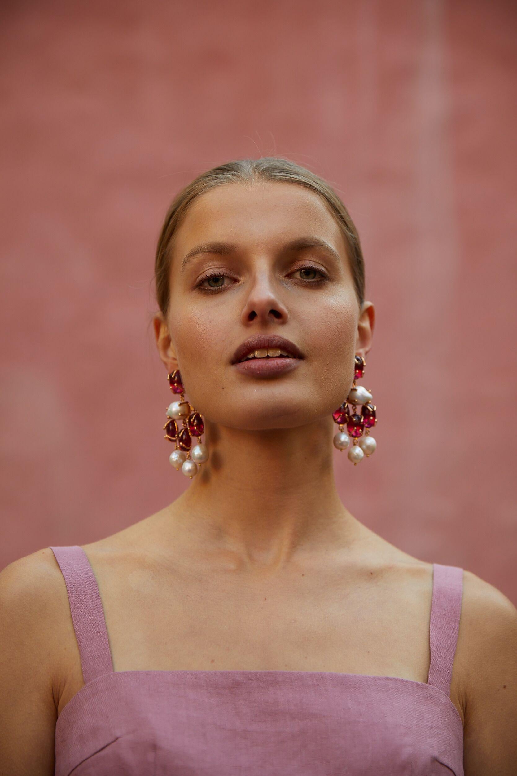 The Vittoria Earrings are handcrafted in Europe. Created with 24k gold-plated brass, the Vittoria Earrings feature with pink quartz and freshwater baroque pearls. Perfect for special occasions, bridal, cocktail parties and black-tie events. 

Please