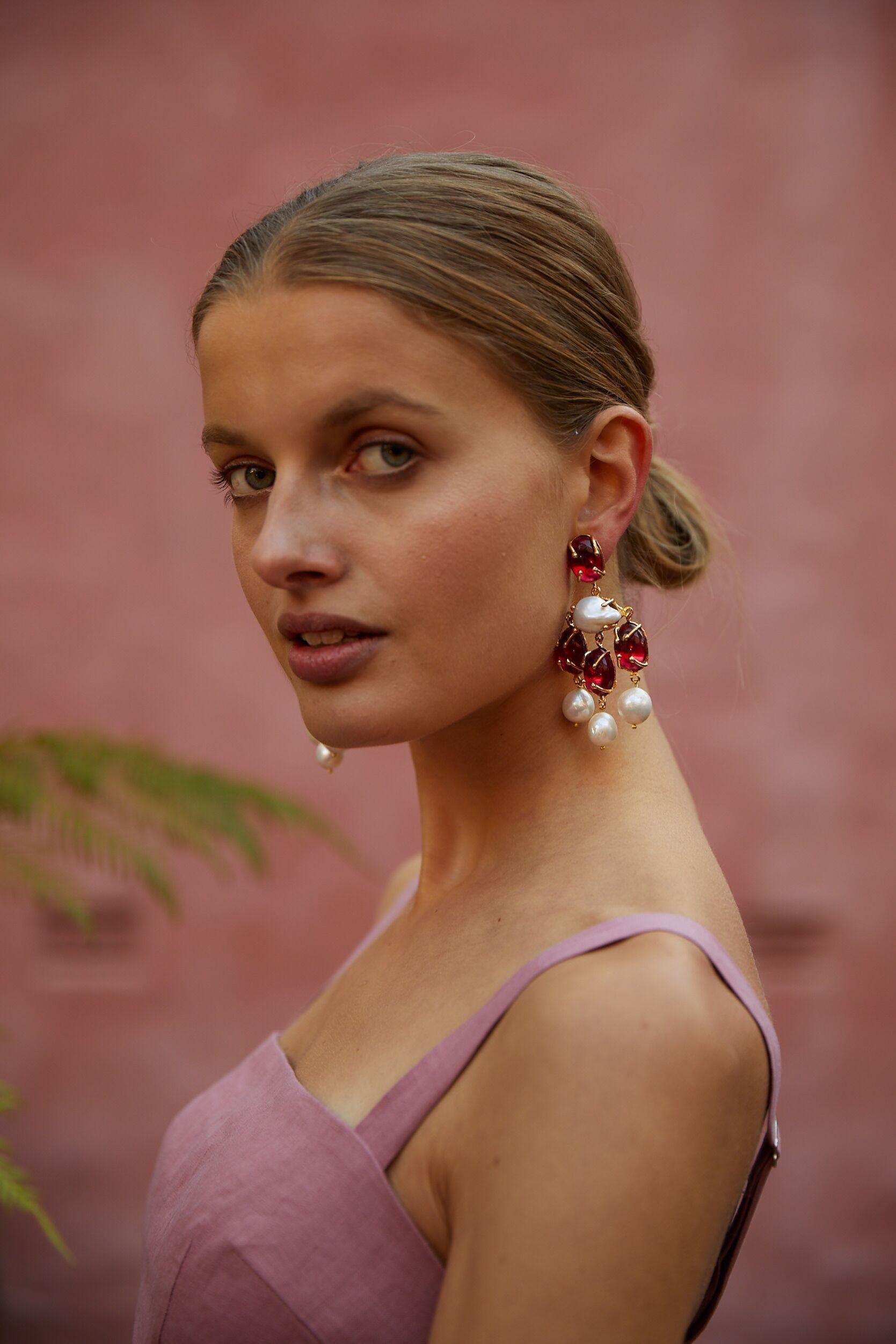 Art Nouveau Christie Nicolaides Gold Vittoria Earrings in Pink Quartz & Pearl  For Sale