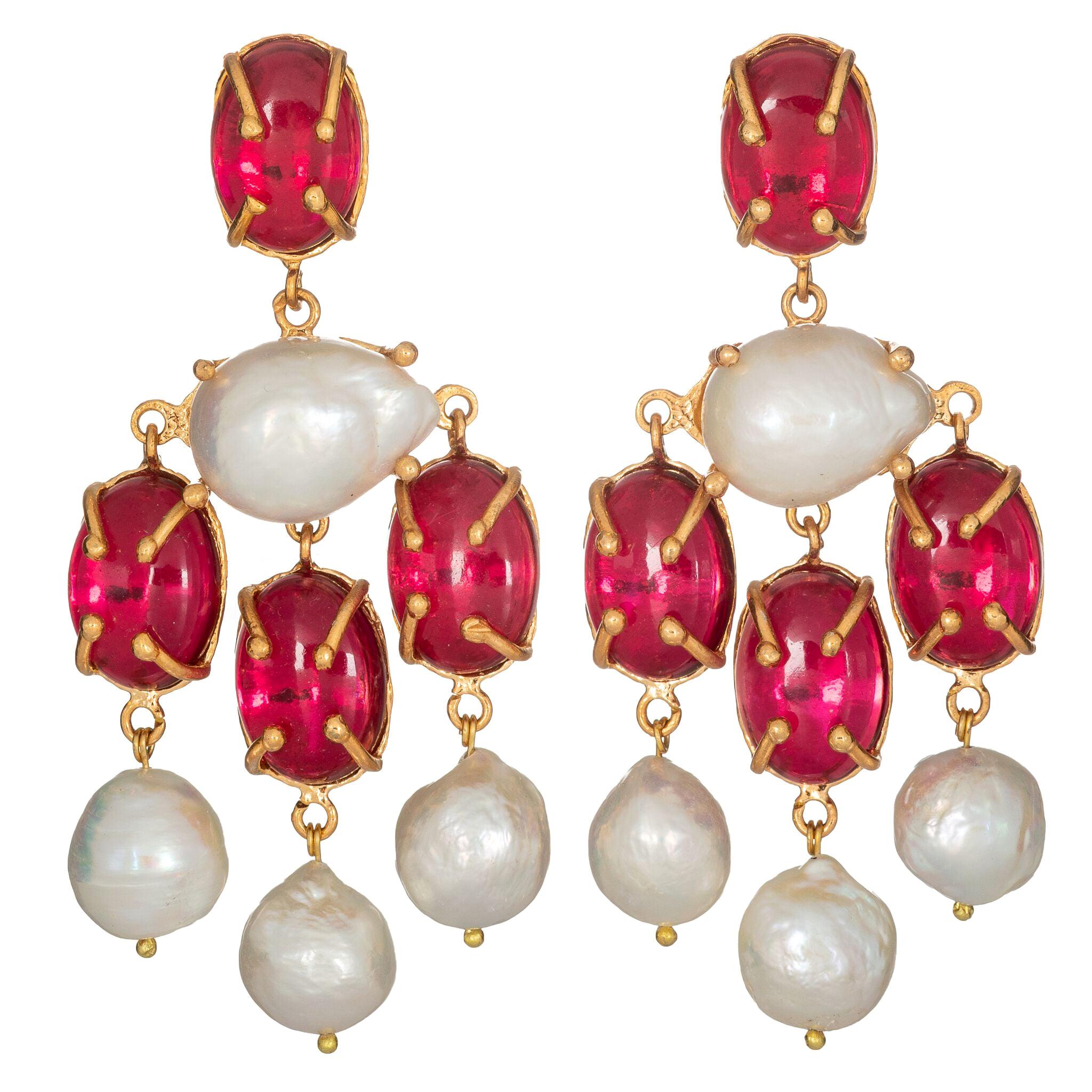 Christie Nicolaides Gold Vittoria Earrings in Pink Quartz & Pearl  For Sale