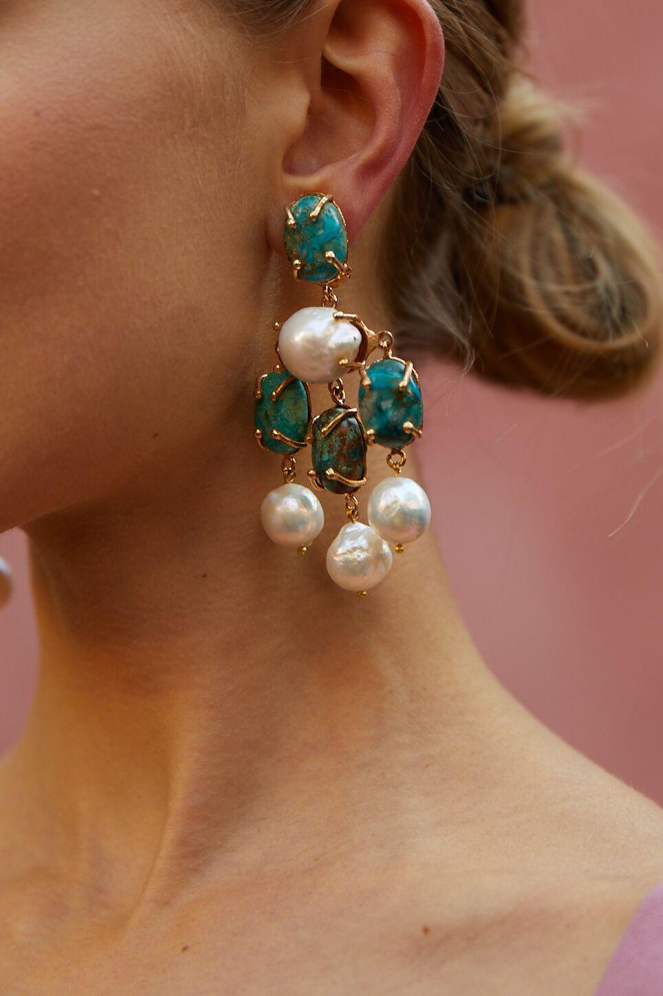 Art Nouveau Christie Nicolaides Gold Vittoria Earrings in Turquoise and Pearl   For Sale