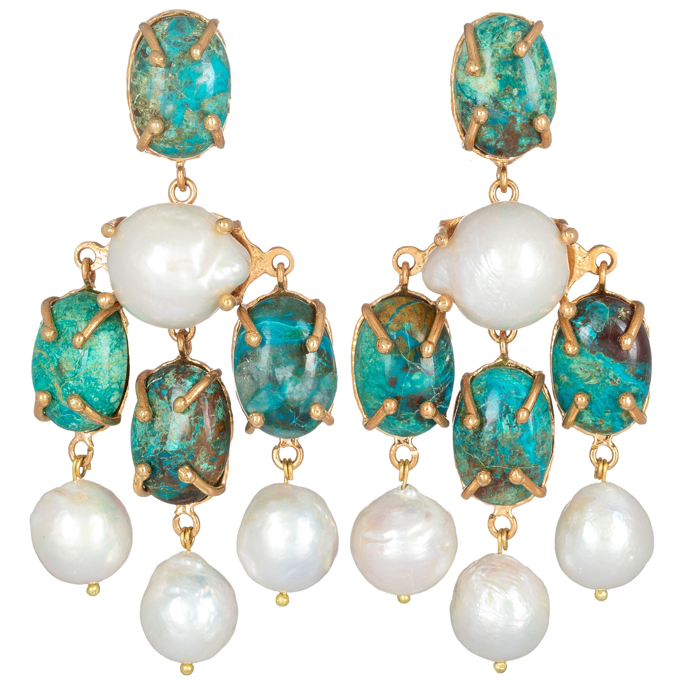 Christie Nicolaides Gold Vittoria Earrings in Turquoise and Pearl   For Sale