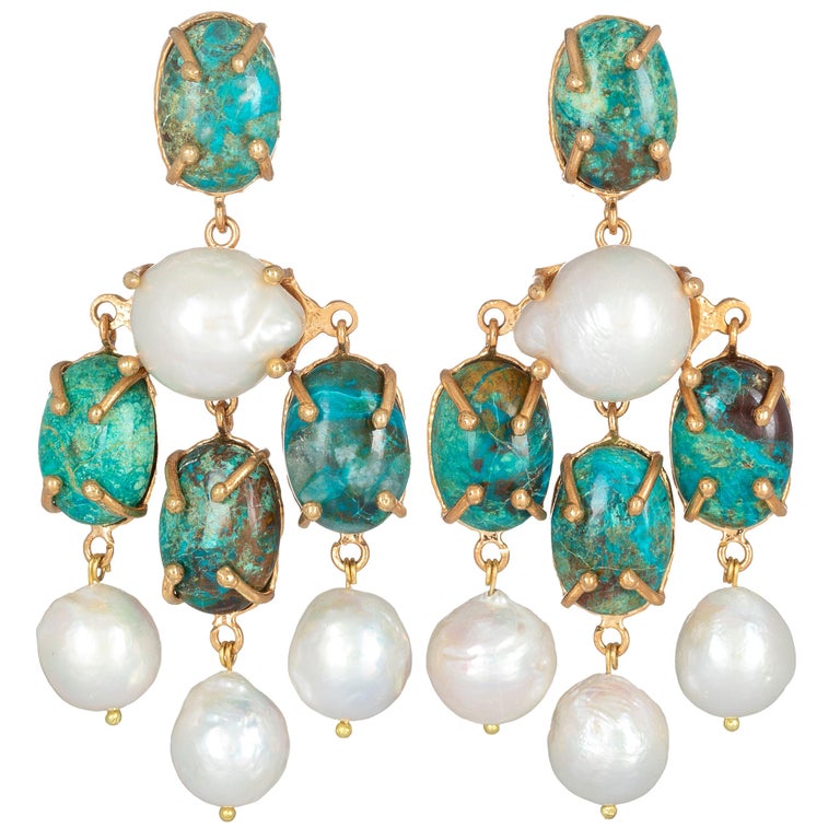 Christie Nicolaides Gold Vittoria Earrings in Turquoise and Pearl For