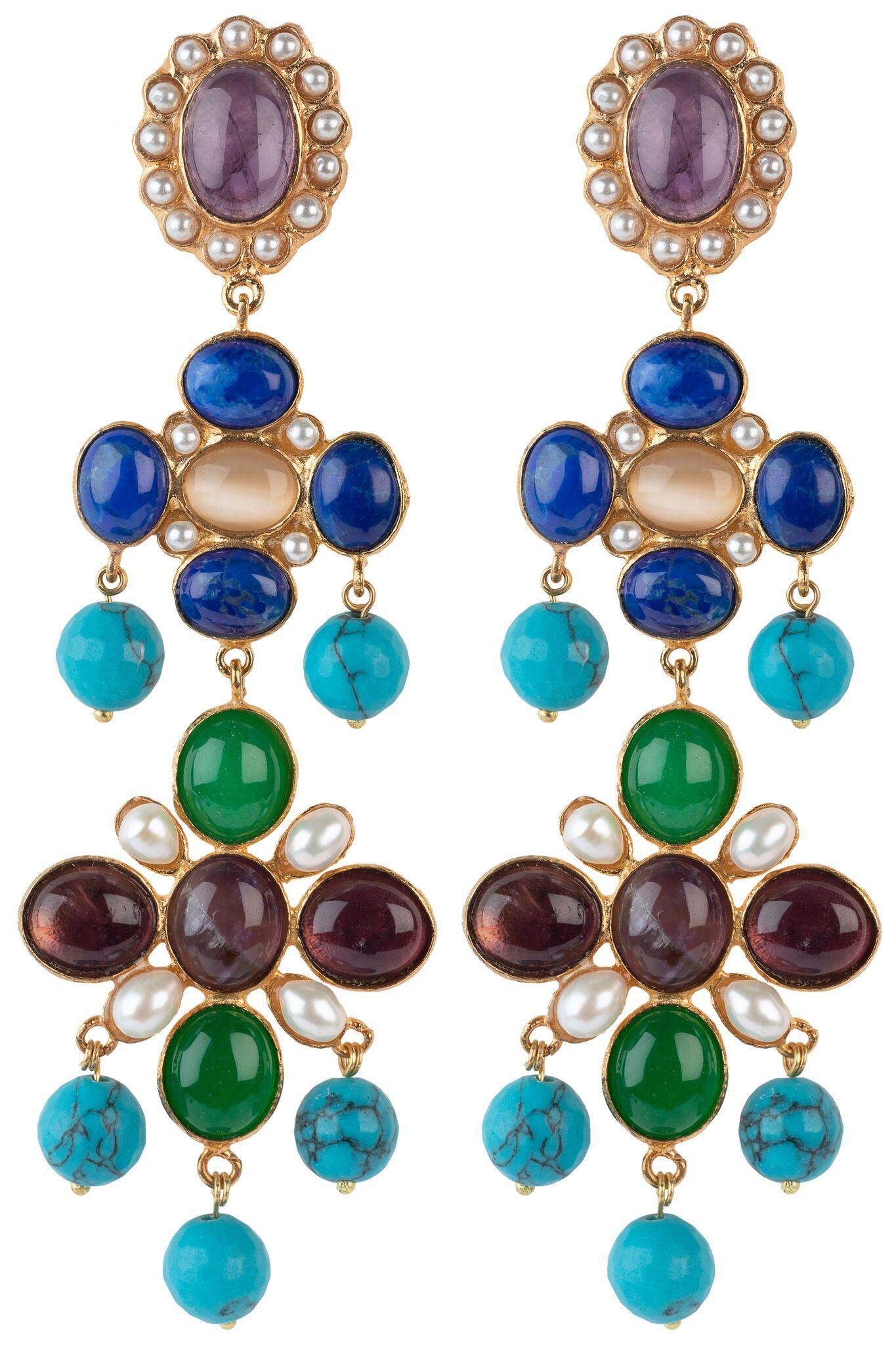 The Julietta Earrings are handcrafted in Europe. Created with 24k gold-plated brass, the Julietta Earrings in Blue & Pink Pink feature Amethyst, Lapis Lazuli, Moonstone, Agate and acrylic pearls. Perfect for special occasions, bridal, cocktail