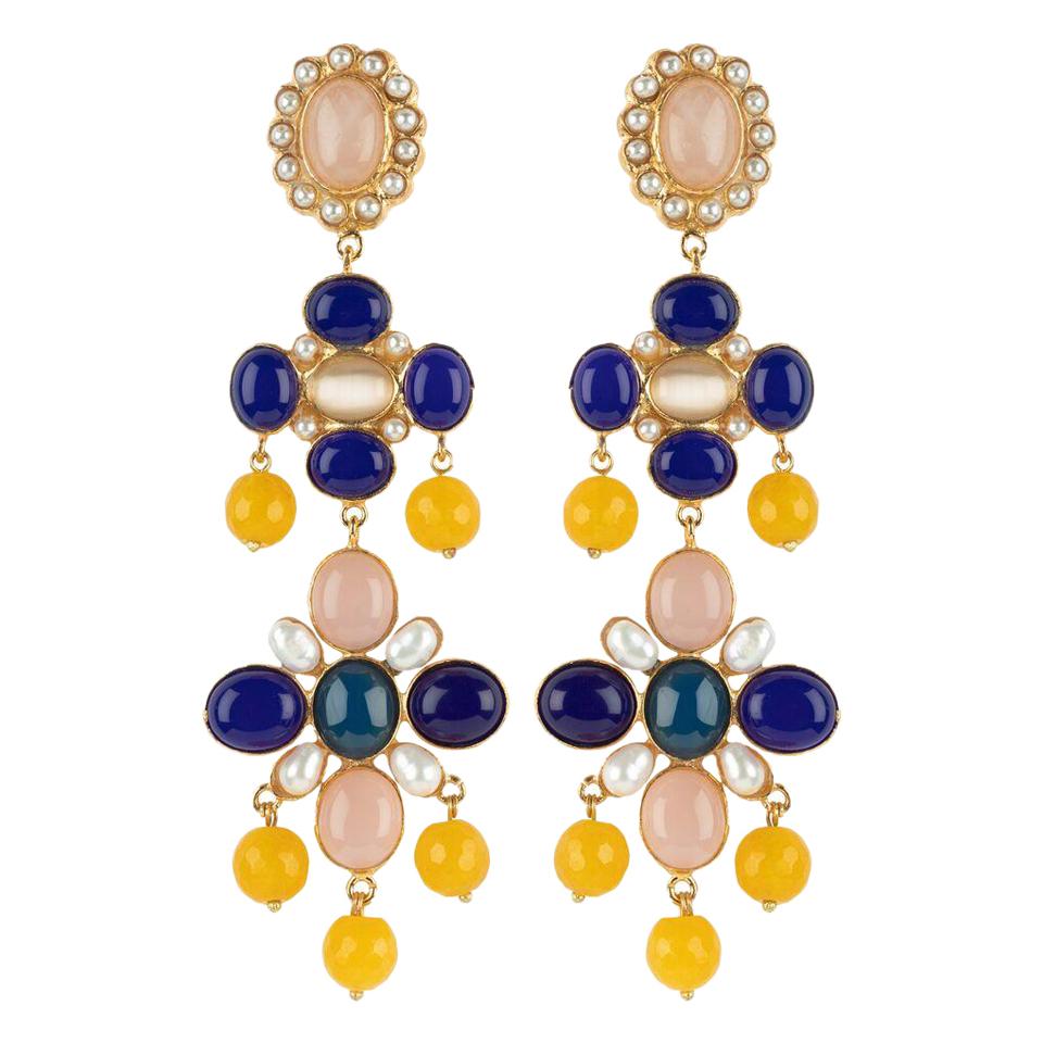 Christie Nicolaides Julietta Earrings in Gold with Lapis Lazuli & Rose Quartz For Sale