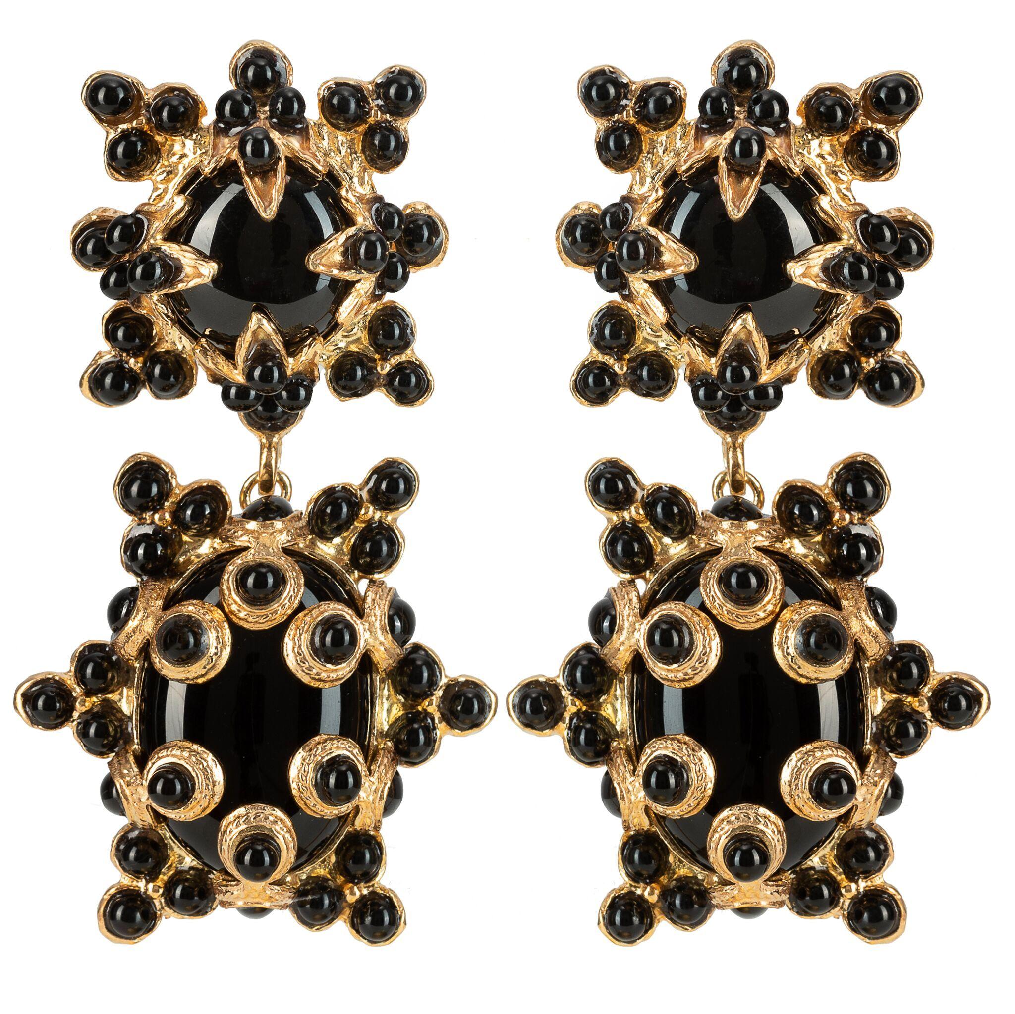 Round Cut Christie Nicolaides Lucia Earrings in Gold with Black Agate  For Sale