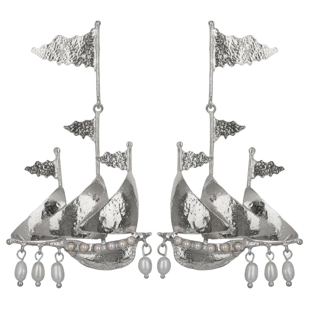 Christie Nicolaides Silver Capitana Earrings in Pearl  For Sale