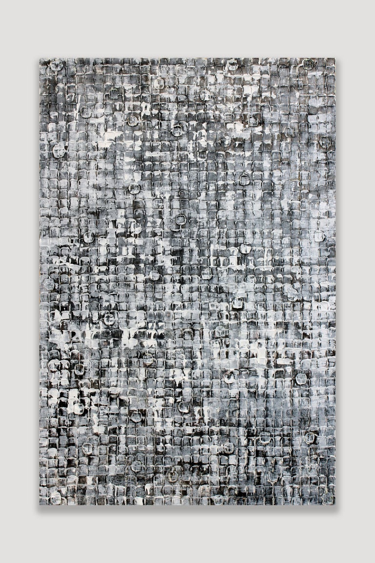 This 72" x 48" acrylic  color field painting on birch wood by Oklahoma artist Christie Owen is composed of small patches of paint in a monochromatic palette of gray. 

A native New Yorker, Christie Owen has lived in Oklahoma since 1997. Her 2D and