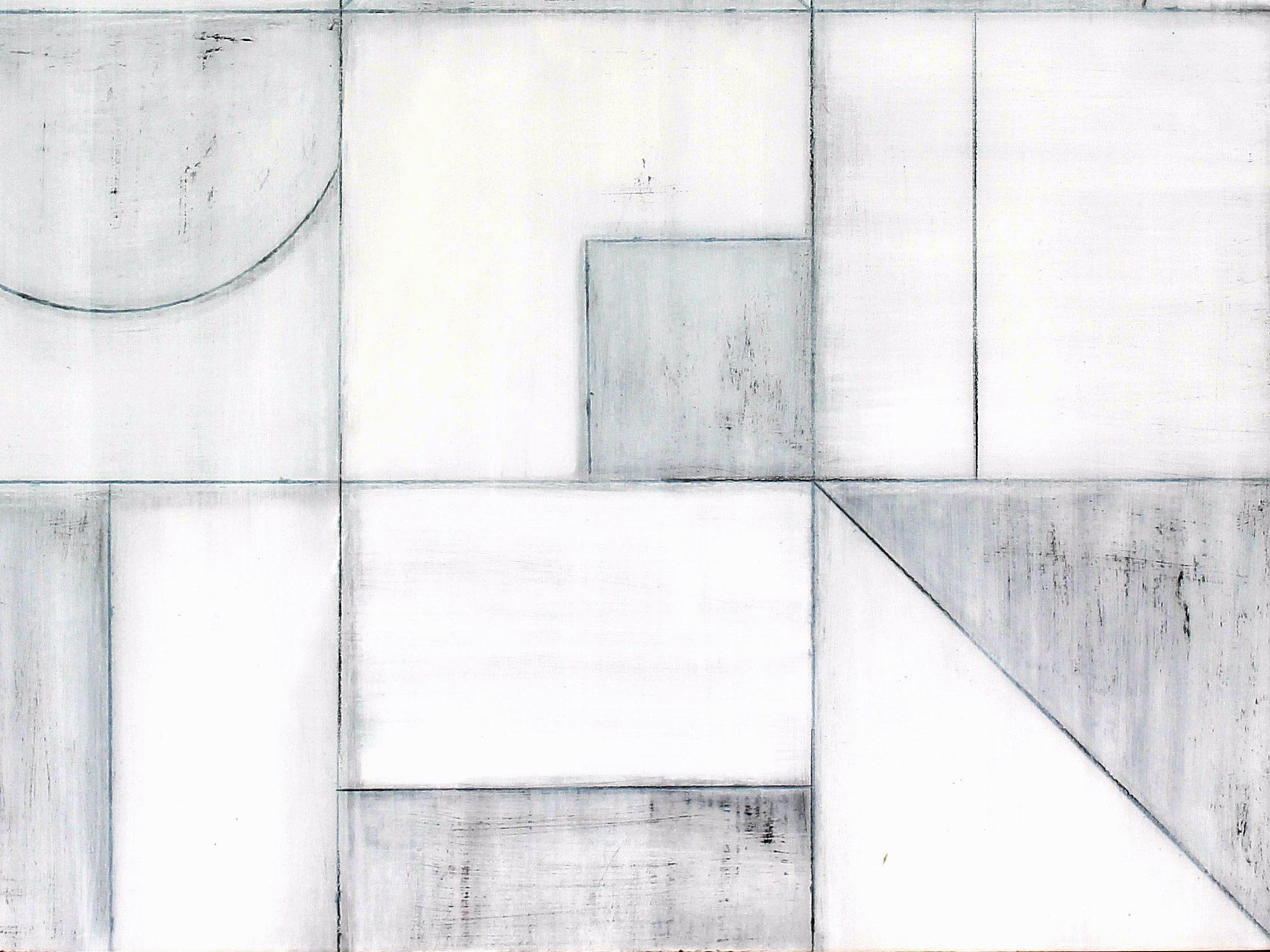 Abstrakte Mixed Media-Komposition auf baltischem Birkenholz-Paneel, Geometrisch 3077 (Grau), Abstract Painting, von Christie Owen