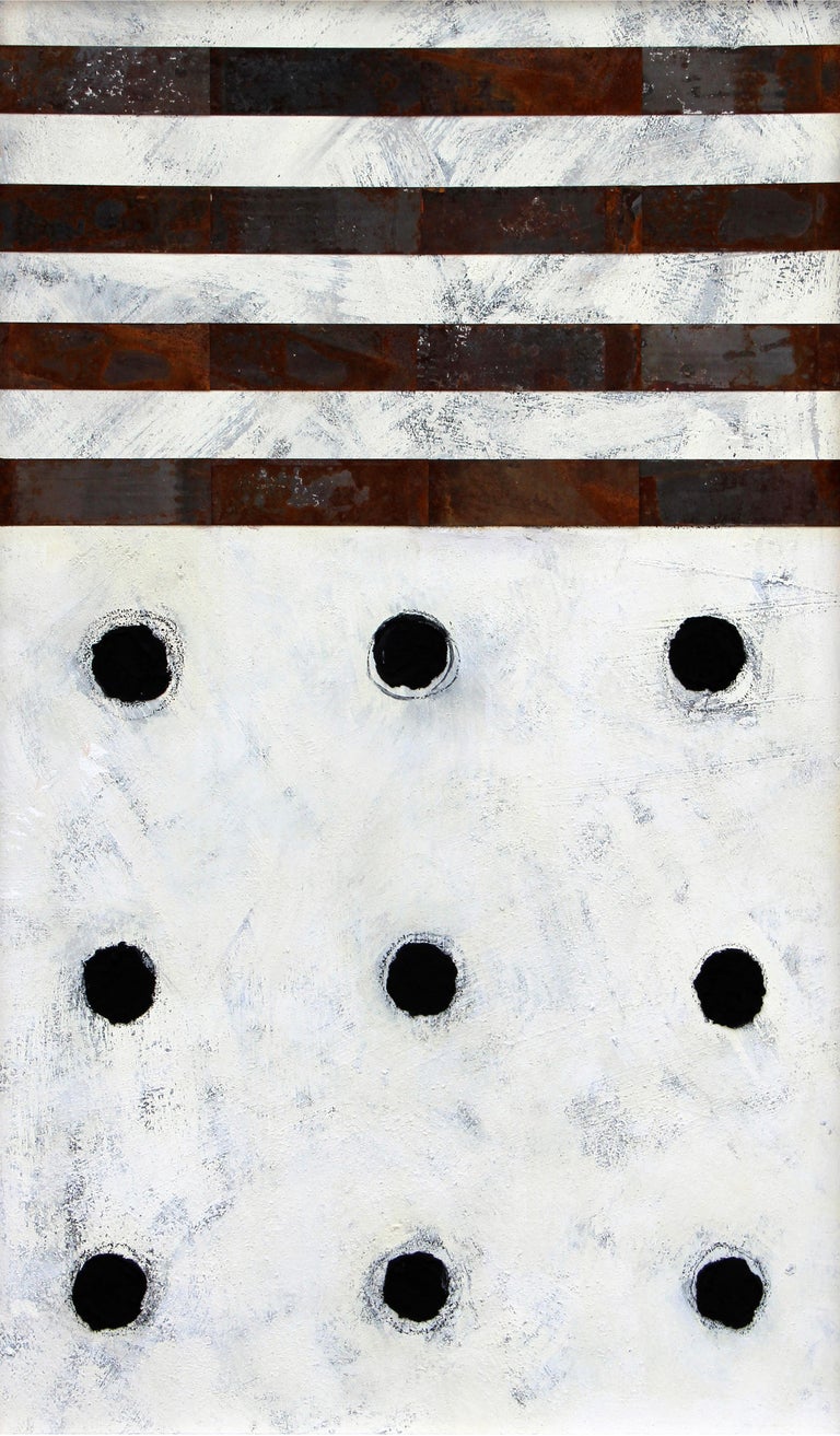 This 61" x 37" mixed media painting on masonite by Oklahoma artist Christie Owen is an abstract painting featuring a white and grey vertical background  punctuated with black circles and maroon stripes. The piece is heavily textured with sand and