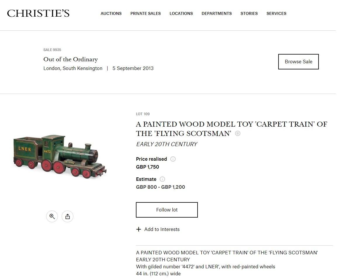 We are delighted to offer for sale this one of a kind scratch built circa 1910 children’s pull along Flying Scotsman LNER 4472 train sold at Christies in 2013

A very large and decorative piece, this train sold at Christie’s in London South