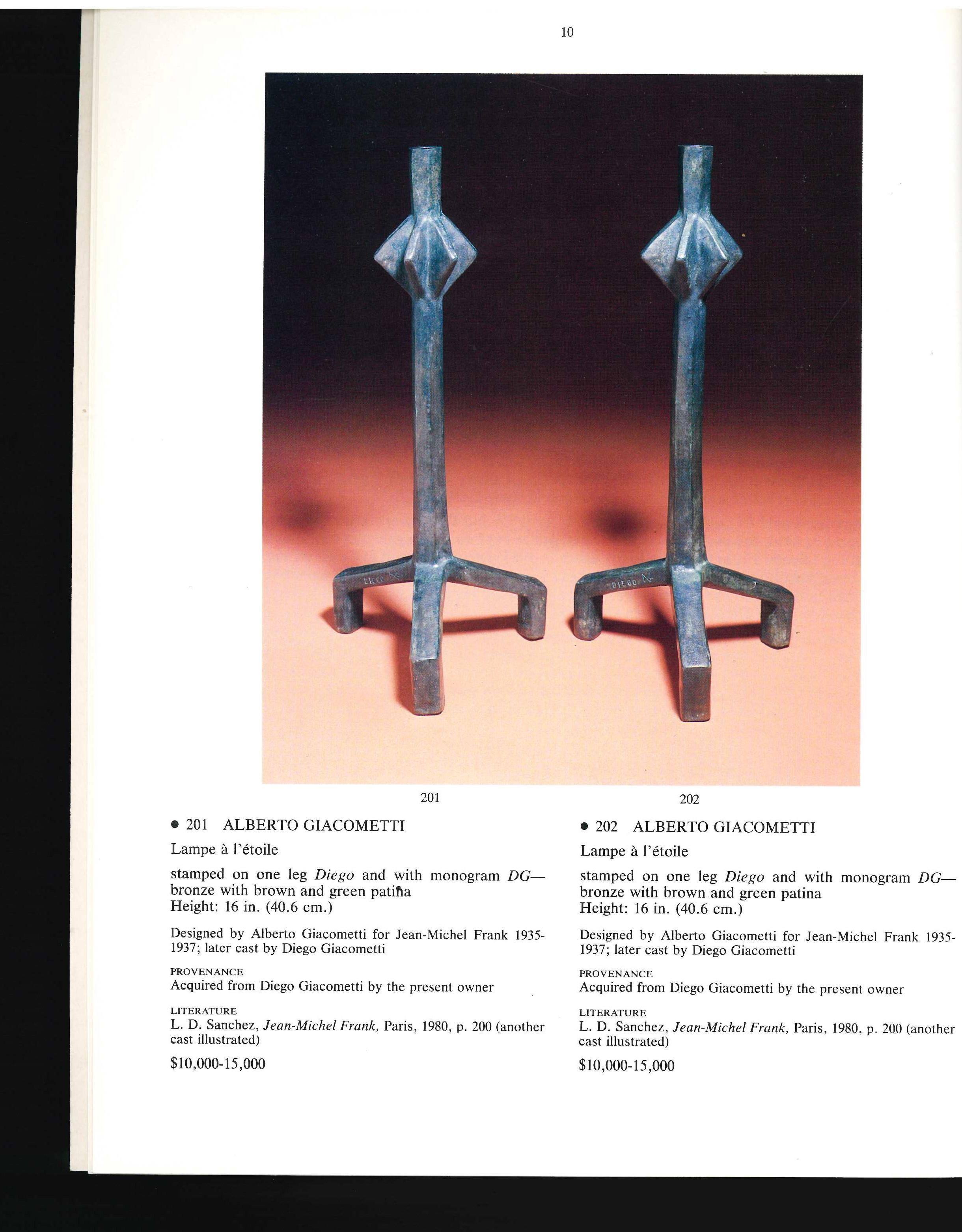This is a sale catalogue produced by Christie's New York in May 1987 for a sale of Furniture and works of Art by Alberto and Diego Giacometti. there are 38 lots, all photographed in colour and with descriptions in English and French, together with