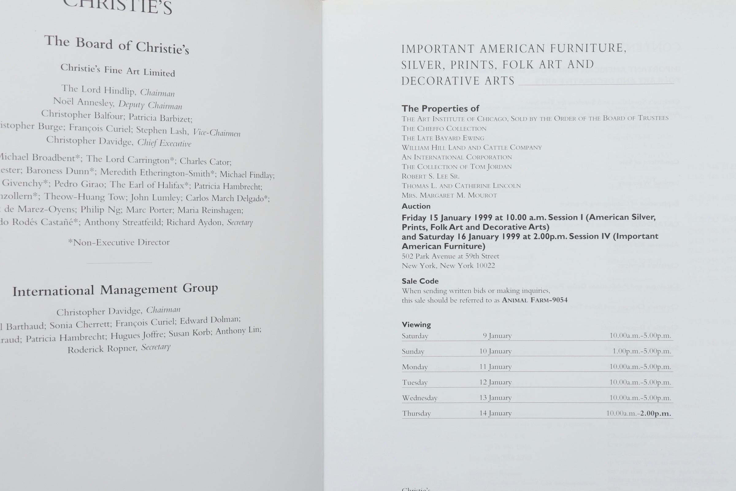Catalogo di New York Furniture - Importanti mobili, argenti, stampe, arte popolare e arti decorative americane, dall'asta di venerdì 15 e sabato 16 gennaio 1999.
