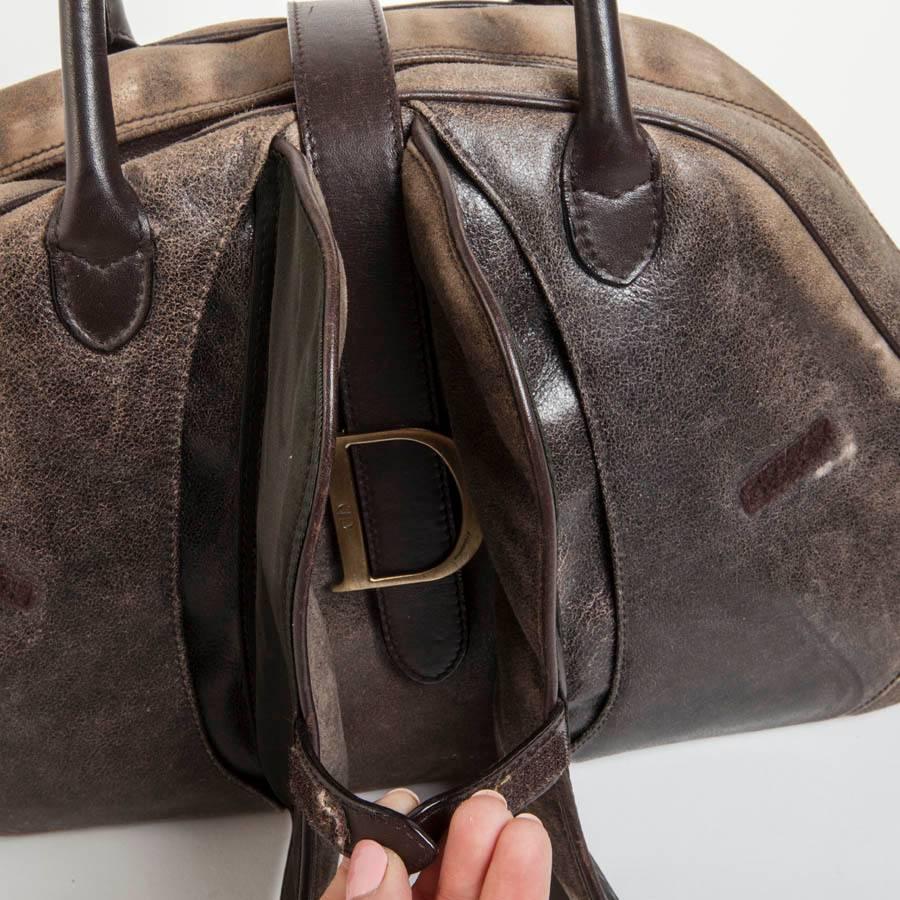Gray CHRISTIN DIOR 'Saddle Bowling' Bag in Aged Patinated Beige and Brown Leather