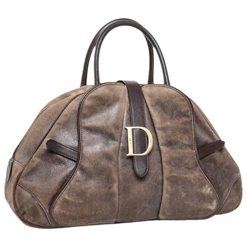 CHRISTIN DIOR 'Saddle Bowling' Bag in Aged Patinated Beige and Brown Leather