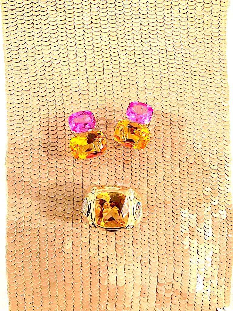 Christina Addison Double Cushion Earrings with Pink Topaz and Orange Citrine For Sale 2