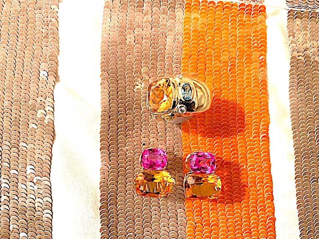Christina Addison Double Cushion Earrings with Pink Topaz and Orange Citrine For Sale 3