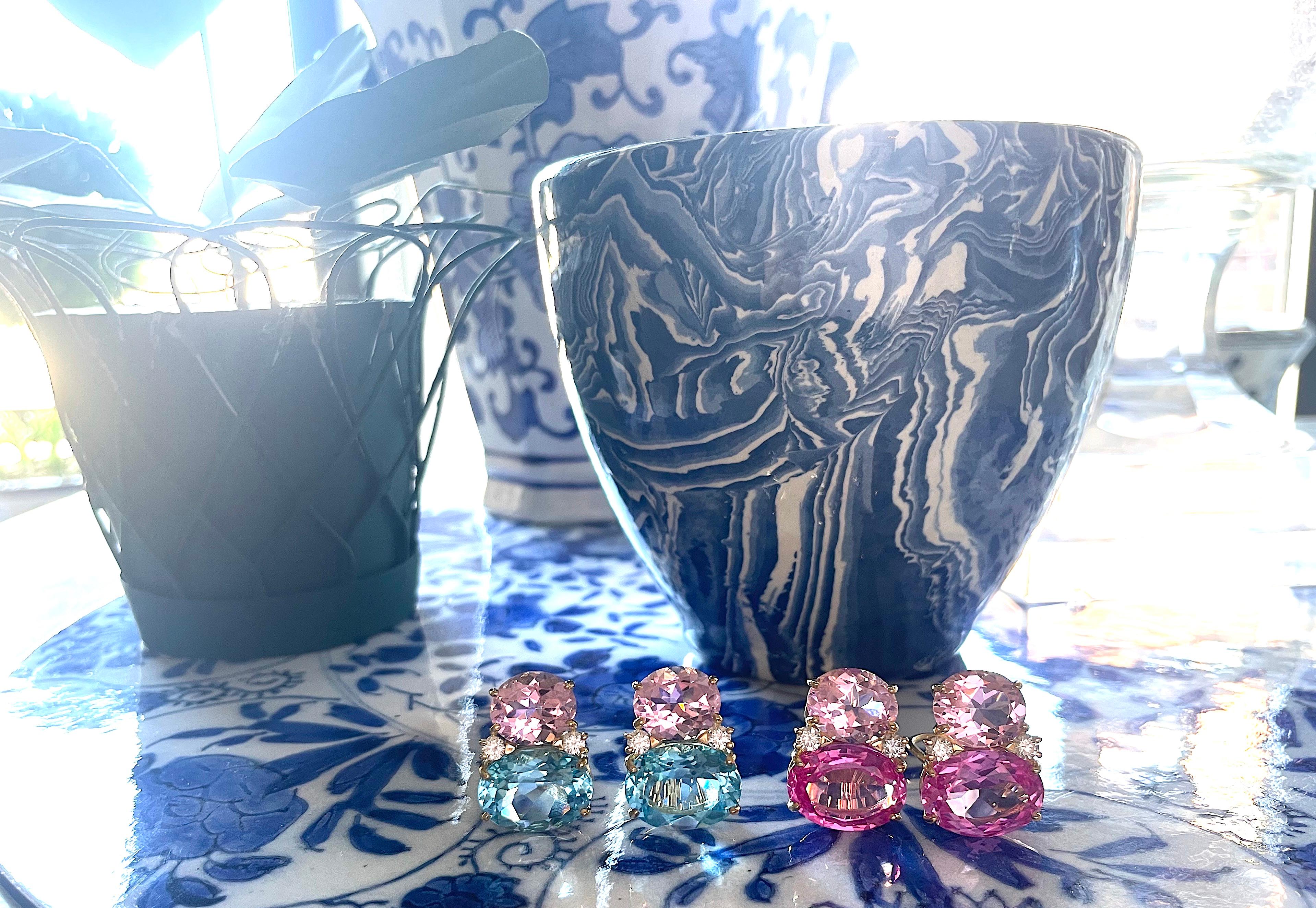 Christina Addison Fine Jewelry 18kt Yellow Gold Large GUM DROP™ Earrings with faceted Pink Topaz and Blue Topaz and diamonds. The Top oval Pink Topaz is approximately 5 cts each and the Bottom faceted Blue Topaz is approximately 12 cts each, and 4