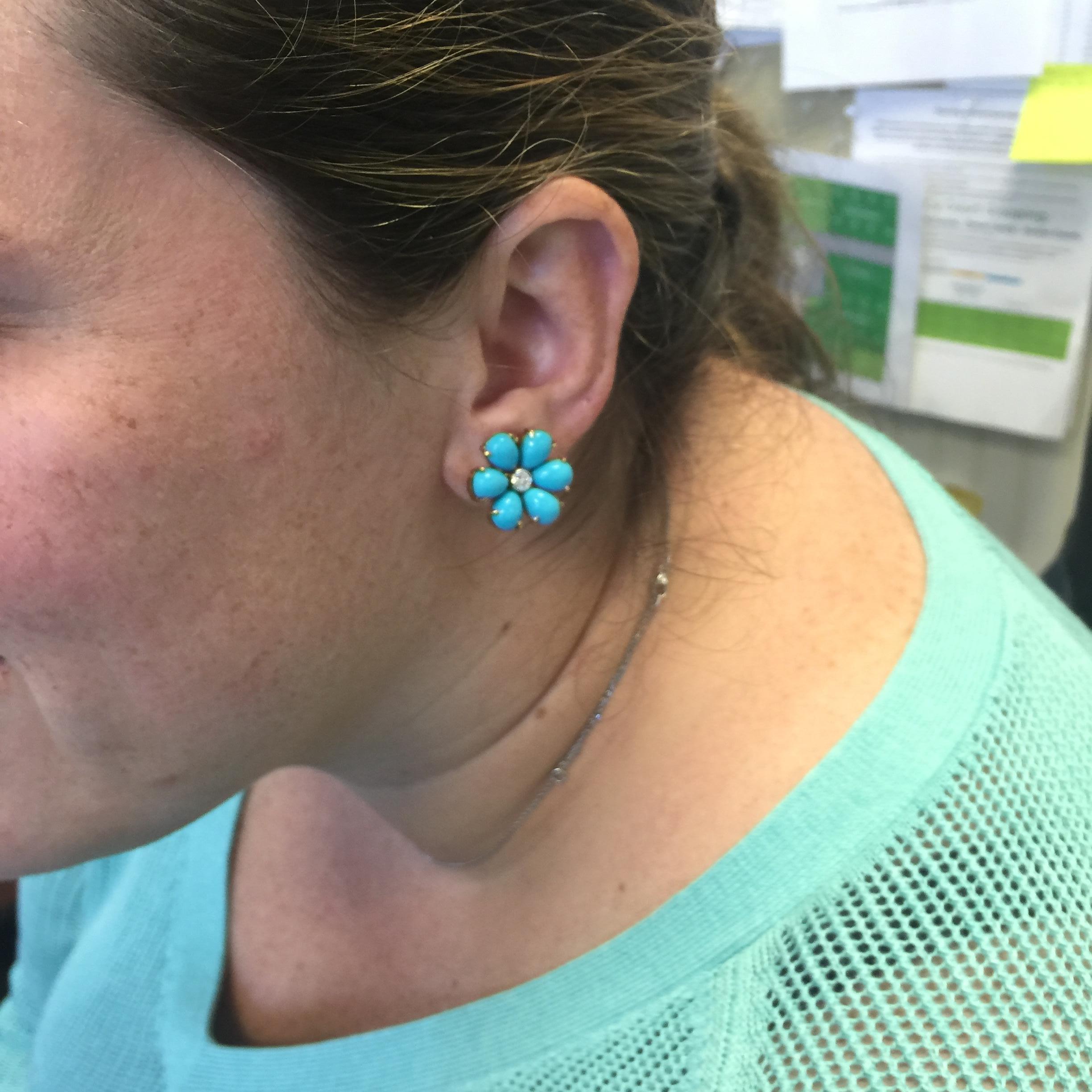 Christina Addison Rubelite Turquoise Gold Flower Earrings For Sale 12