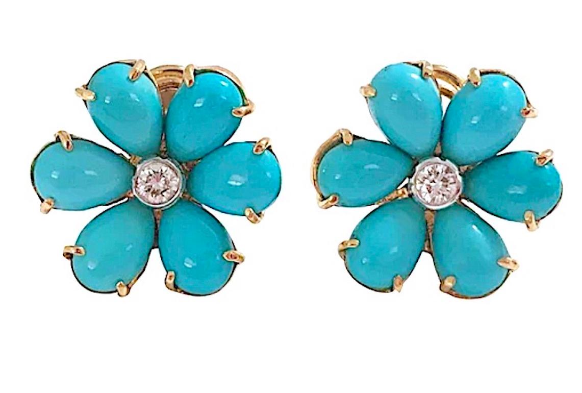 Cabochon Christina Addison Rubelite Turquoise Gold Flower Earrings For Sale