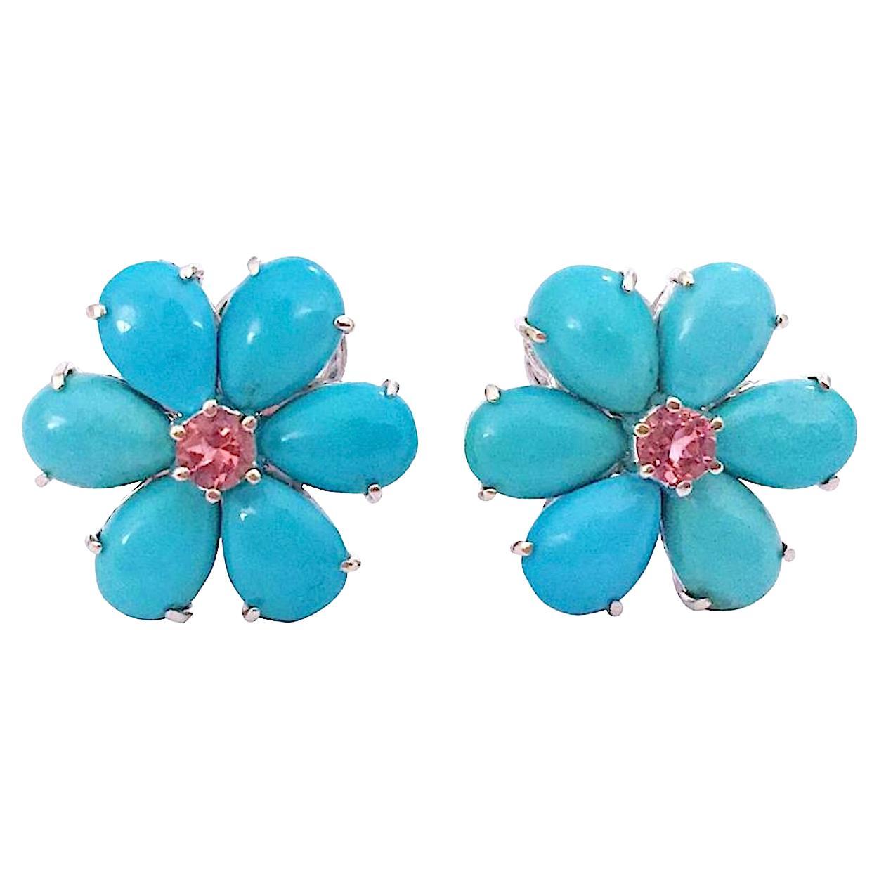 Christina Addison, boucles d'oreilles fleur en or, rubélite et turquoise