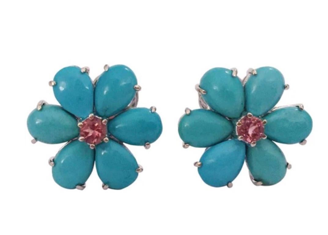 Christina Addison Turquoise Flower Stud Earrings with Diamond Center For Sale 11