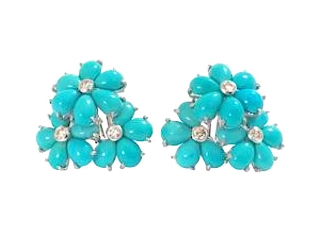 Christina Addison Turquoise Flower Stud Earrings with Diamond Center For Sale 13