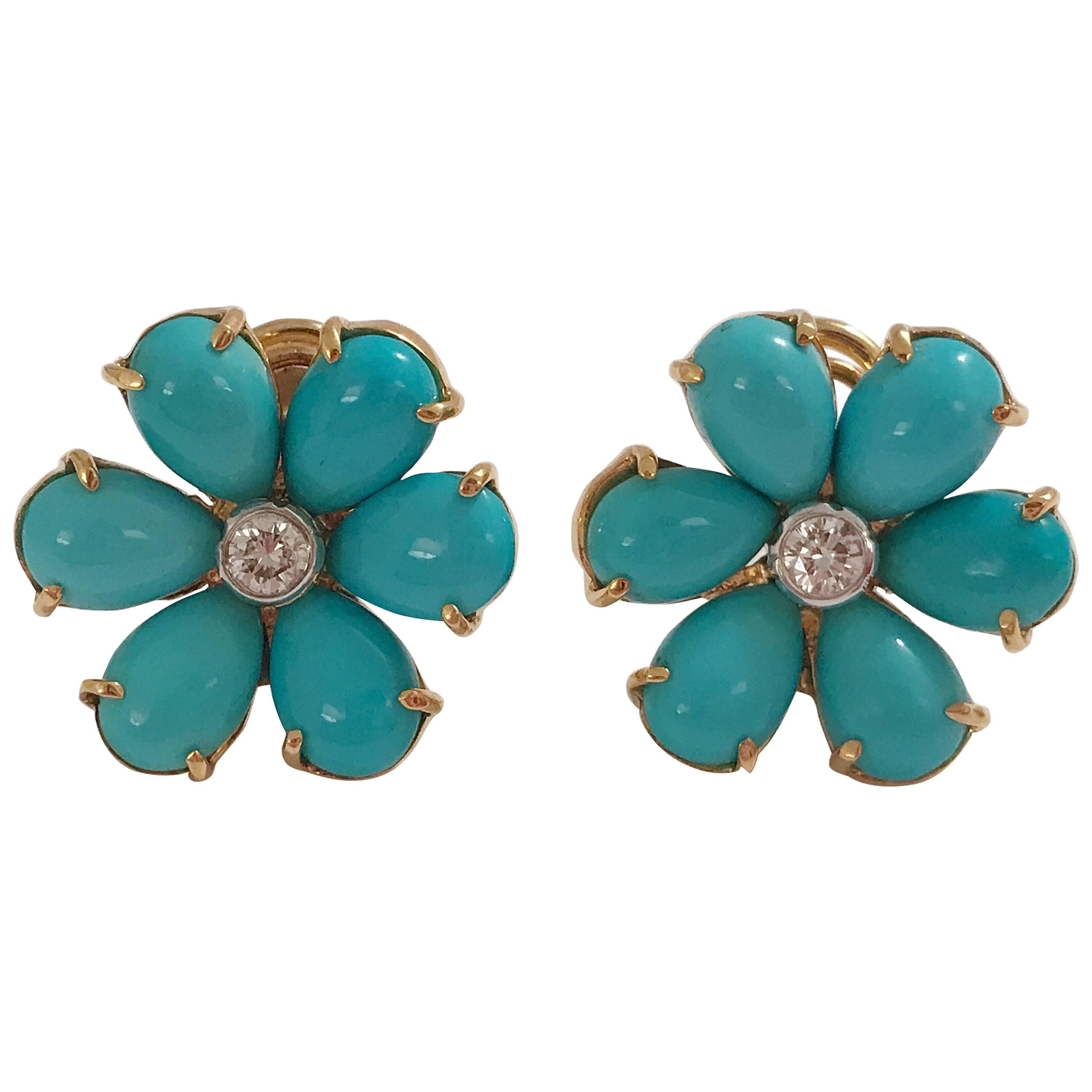 Christina Addison Elegant Turquoise Flower Earring is set in 18kt Yellow Gold with a Diamond Center set in Platinum. The diamond center is approximately 1/50cts in weight. 

The Earrings can be made as Clip or Pierced Earrings.

The Bespoke