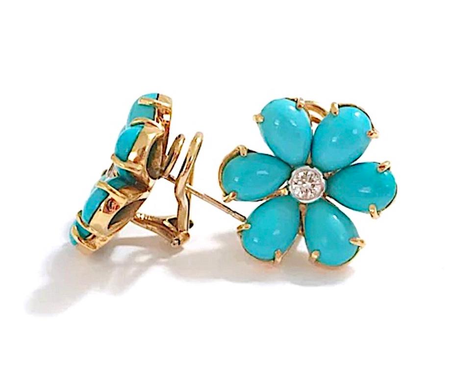 Cabochon Christina Addison Turquoise Flower Stud Earrings with Diamond Center For Sale