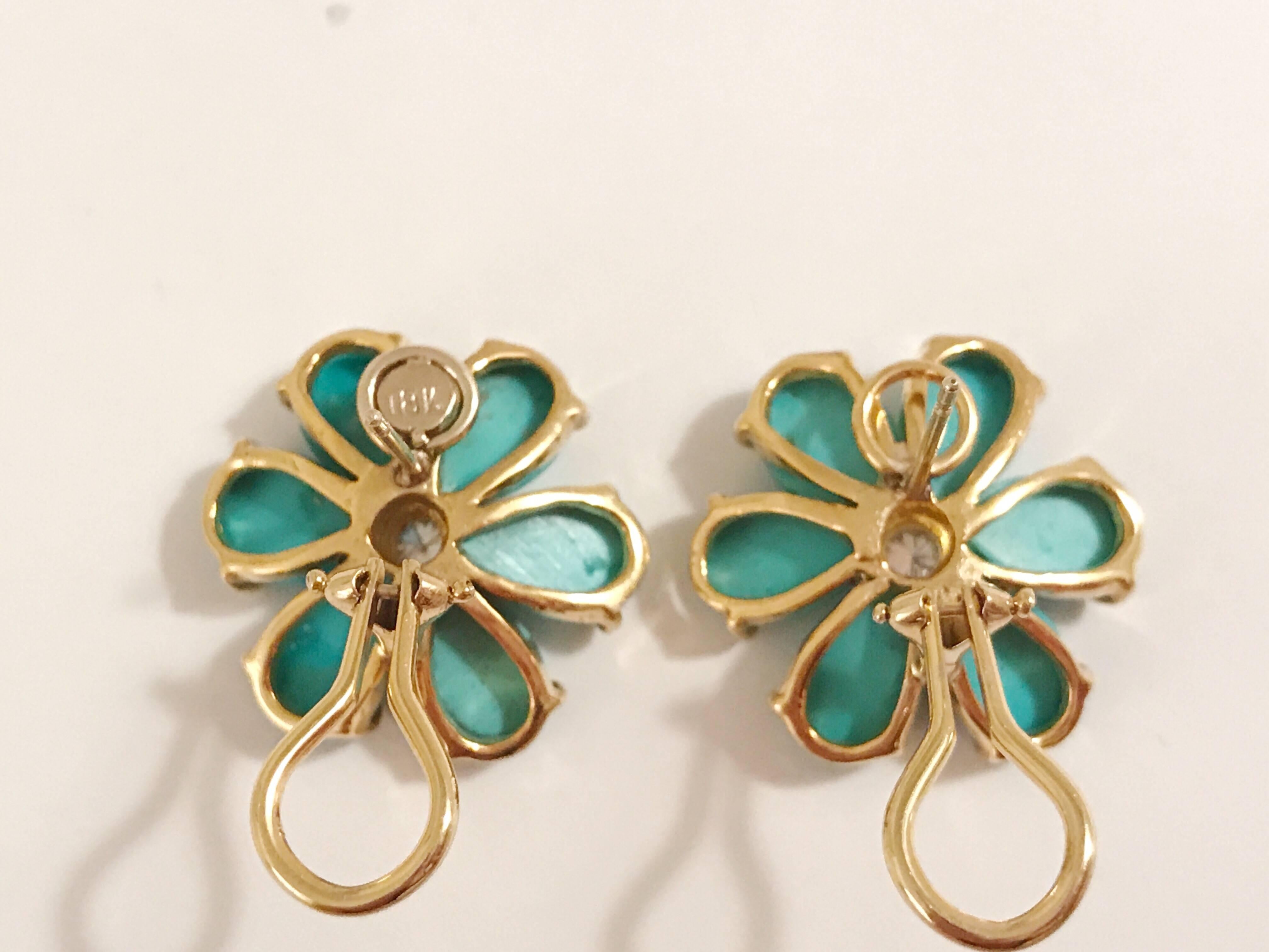 Women's Christina Addison Turquoise Flower Stud Earrings with Diamond Center For Sale