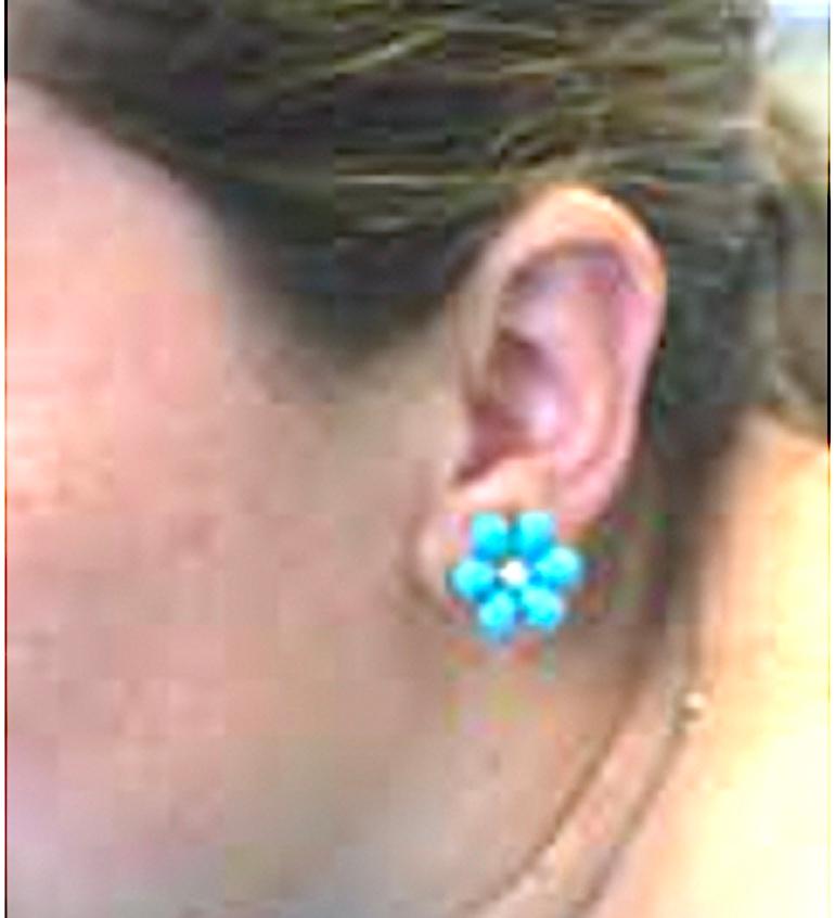 Christina Addison Turquoise Flower Stud Earrings with Diamond Center For Sale 2