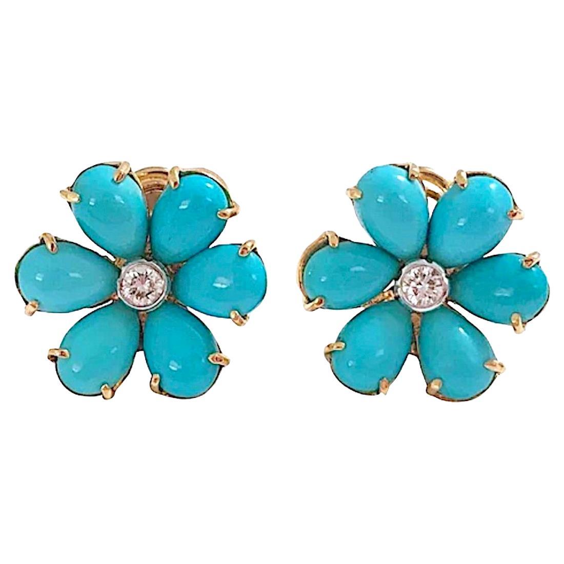 Christina Addison Turquoise Flower Stud Earrings with Diamond Center For Sale