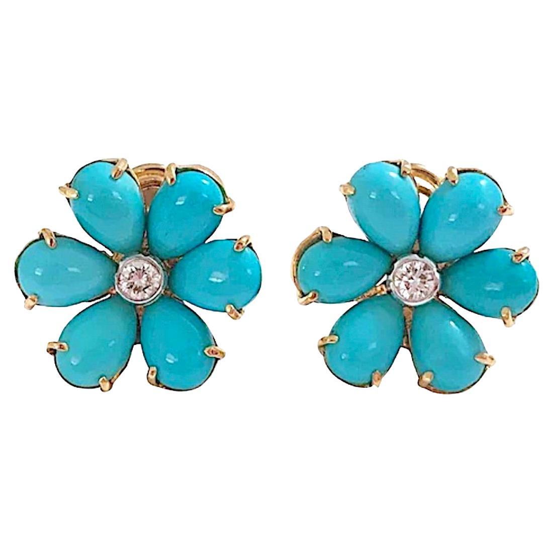 Christina Addison Clous d'oreilles fleur en turquoise avec centre en diamant