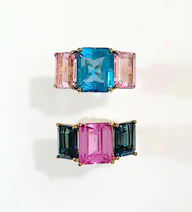 Christina Addison Yellow Gold Mini Emerald Cut Ring with Blue Topaz and Peridot For Sale 5