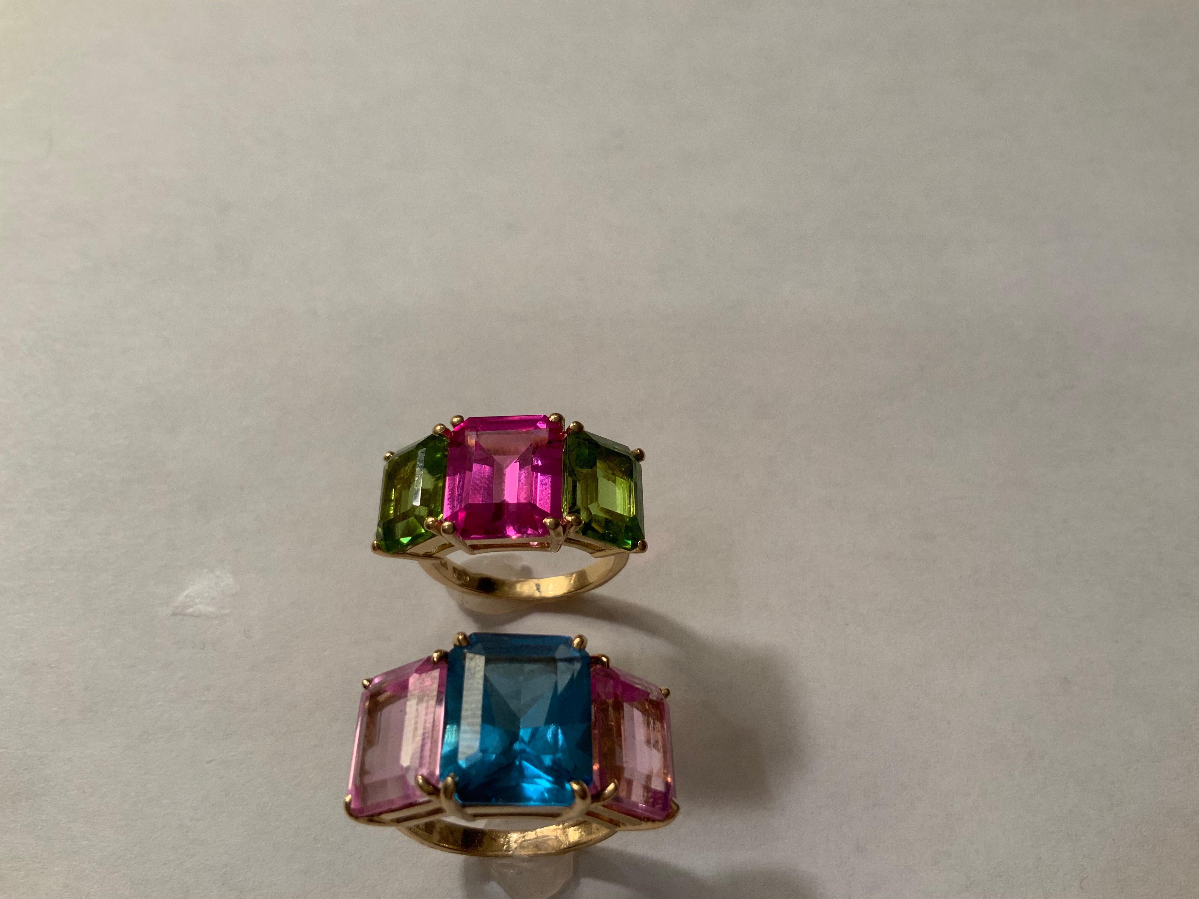 Christina Addison Yellow Gold Mini Emerald Cut Ring with Blue Topaz and Peridot For Sale 10
