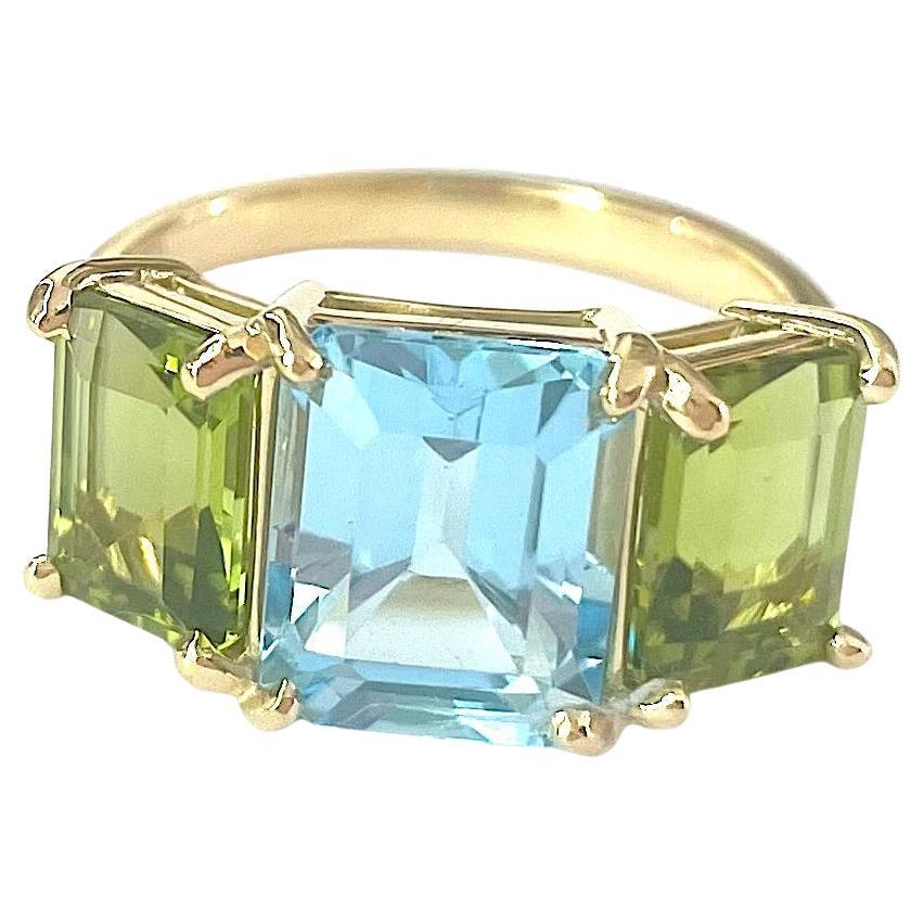 Christina Addison Yellow Gold Mini Emerald Cut Ring with Blue Topaz and Peridot