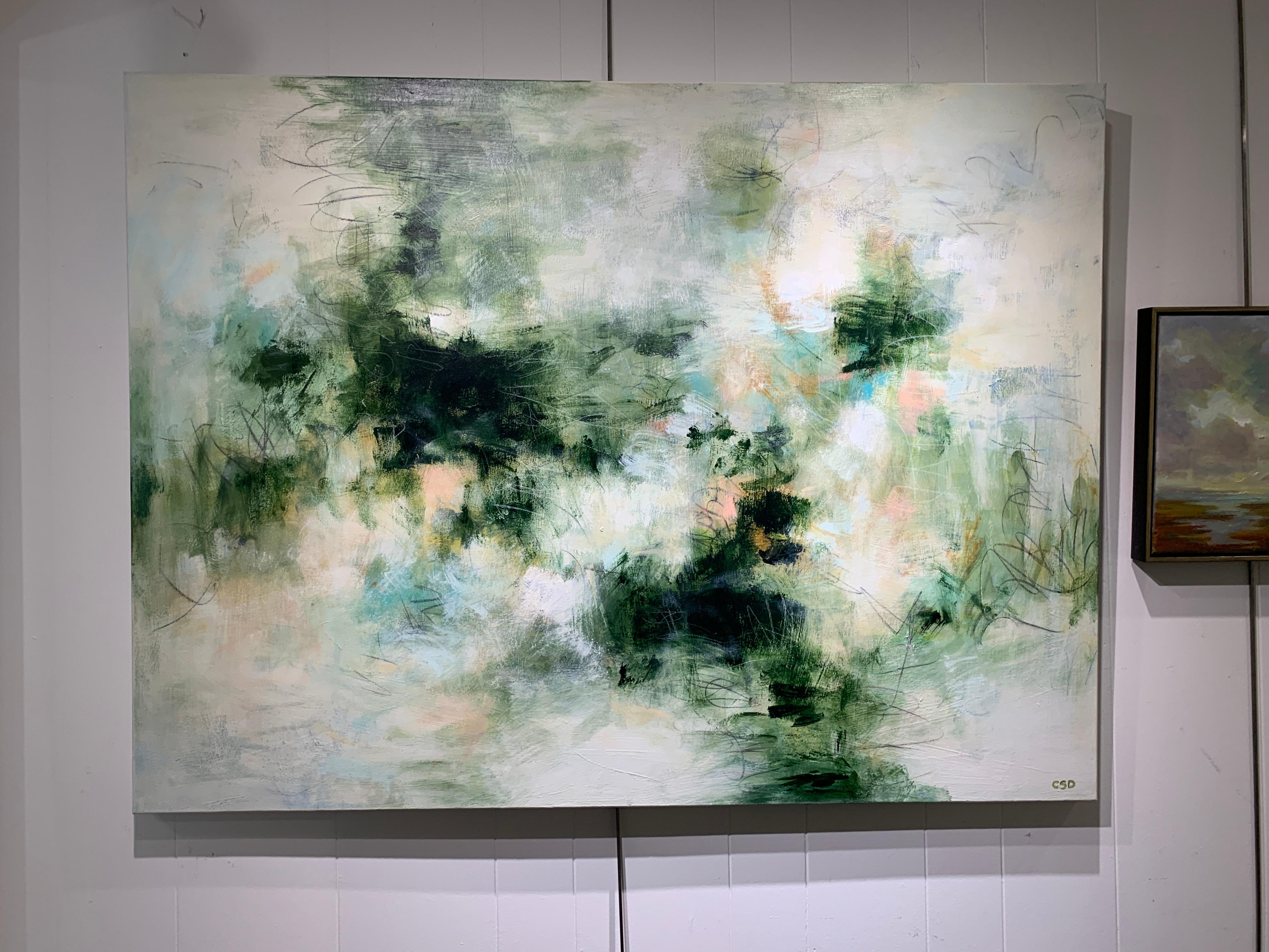 'Green Demijohns' is a large abstract expressionist mixed media on canvas painting created by American artist Christina Doelling in 2019. Featuring a palette made of green tonalities with pink and white accents highlighted with bold marks, the