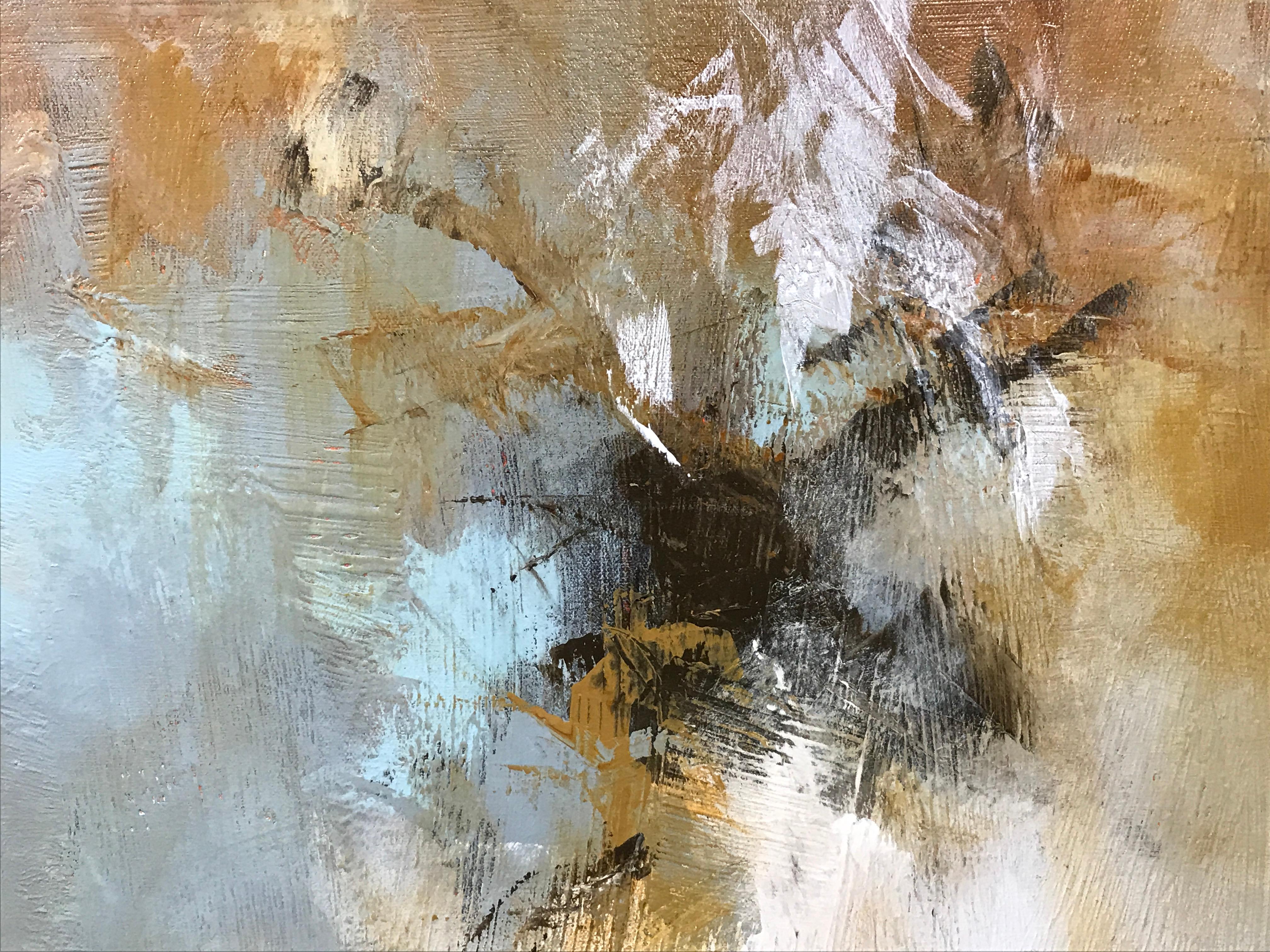 'Key Largo' is a large vertical abstract mixed media on canvas painting created by American artist Christina Doelling in 2019. Featuring an exquisite palette made of brown, turquoise, grey, white and black tones, the painting showcases energetic