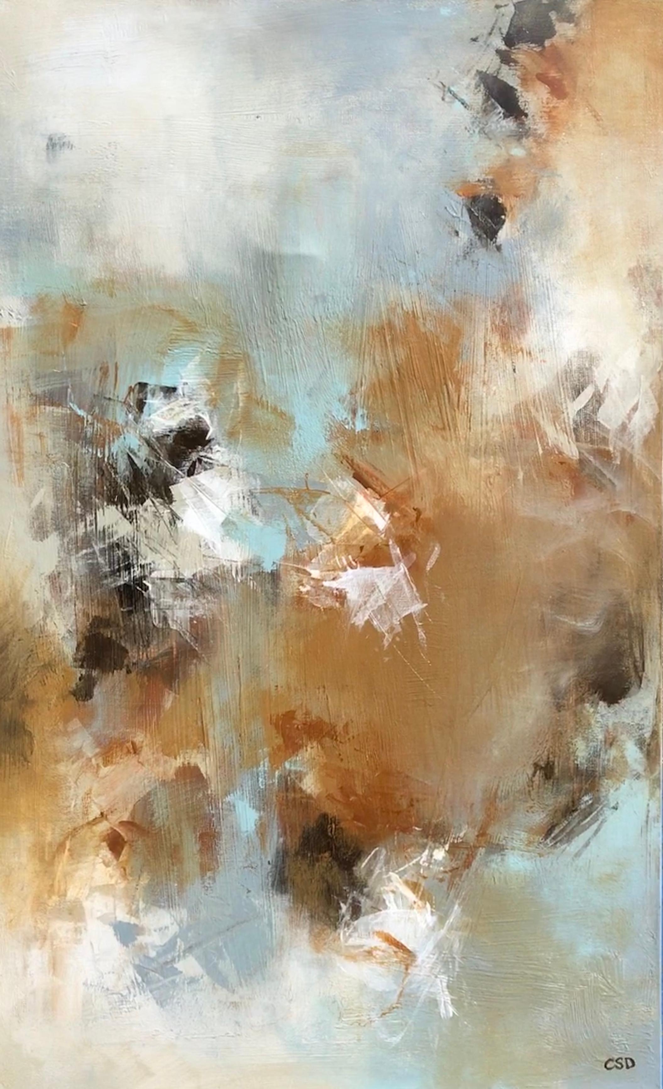 'Key West' is a large vertical mixed media on canvas abstract painting created by American artist Christina Doelling in 2019. Featuring an exquisite palette made of brown, turquoise, grey, white and black tones, the painting showcases energetic