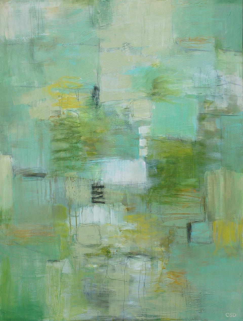 "Land of Dreams" was painted in 2024 by American artist by Christina Doelling. Transform your space with the vibrant energy of this large vertical soft abstract painting, alive with captivating teals and greens. Dive into a world of lush hues and
