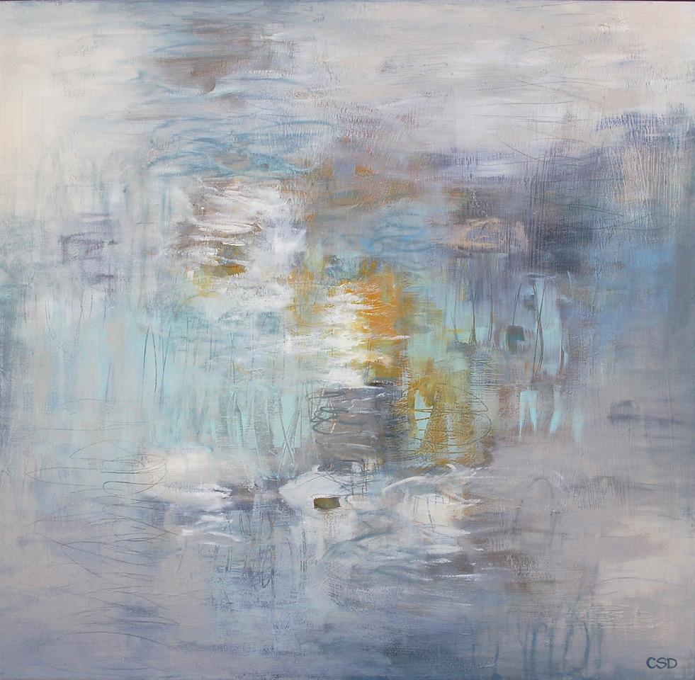 "Mixing Drinks and Feelings" was painted in 2024 by American artist by Christina Doelling. This piece will elevate your space with the understated elegance of this large square soft abstract painting, awash in soothing blues and neutrals. Embrace