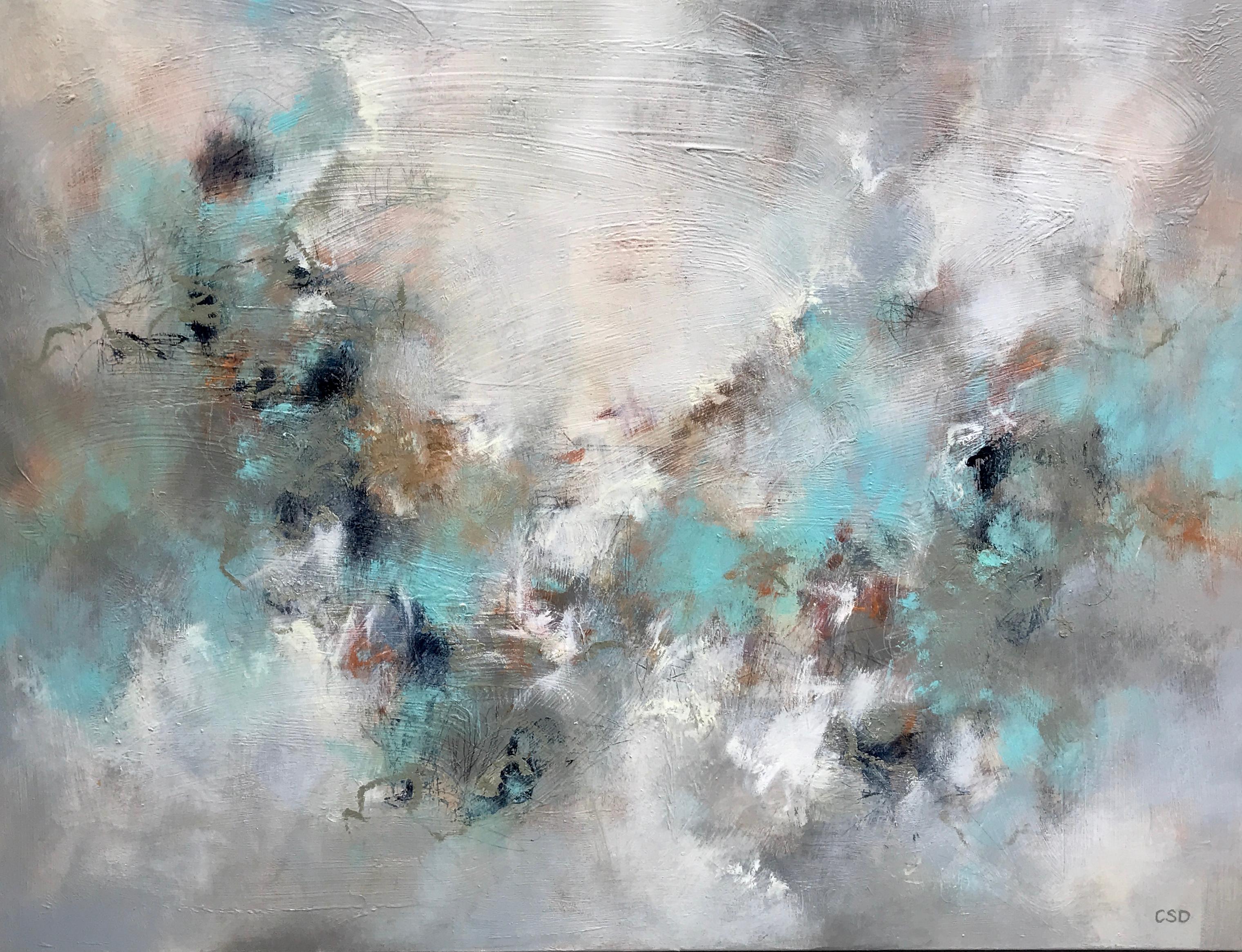 'Softly Into the Light' is a horizontal abstract mixed media on canvas painting created by American artist Christina Doelling in 2018. Featuring an exquisite palette mostly made of turquoise, white, black, grey and brown colors, this painting exudes