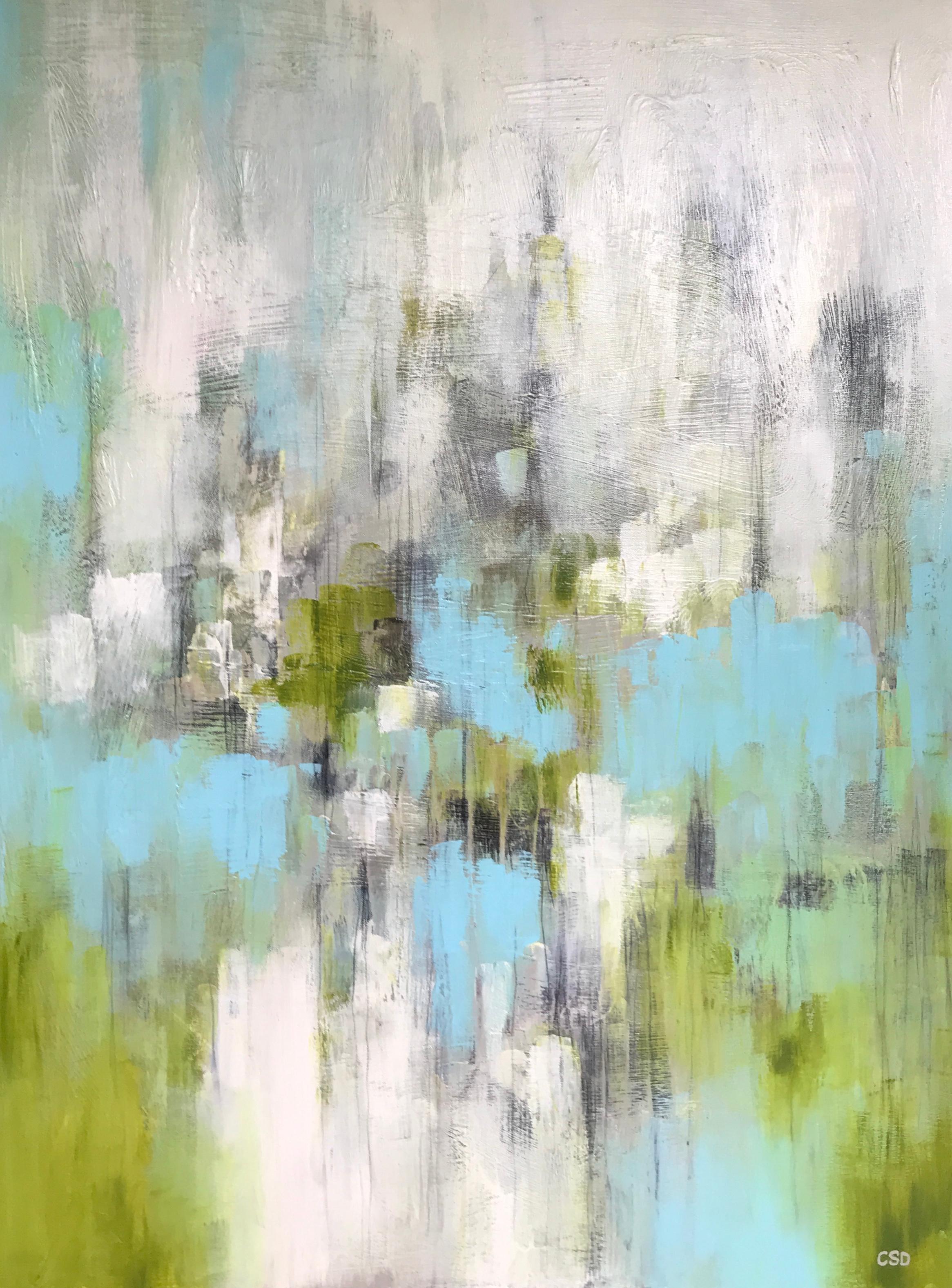 This vertical abstract painting titled "Spring Spirits" by American artist Christina Doelling created in 2018.  The artist has balanced the composition beautifully by adding bright and happy shots of green and blue in the bottom of the painting and