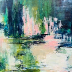 Tide Line von Christina Doelling:: großes quadratisches abstraktes Gemälde in Rosa:: Grün