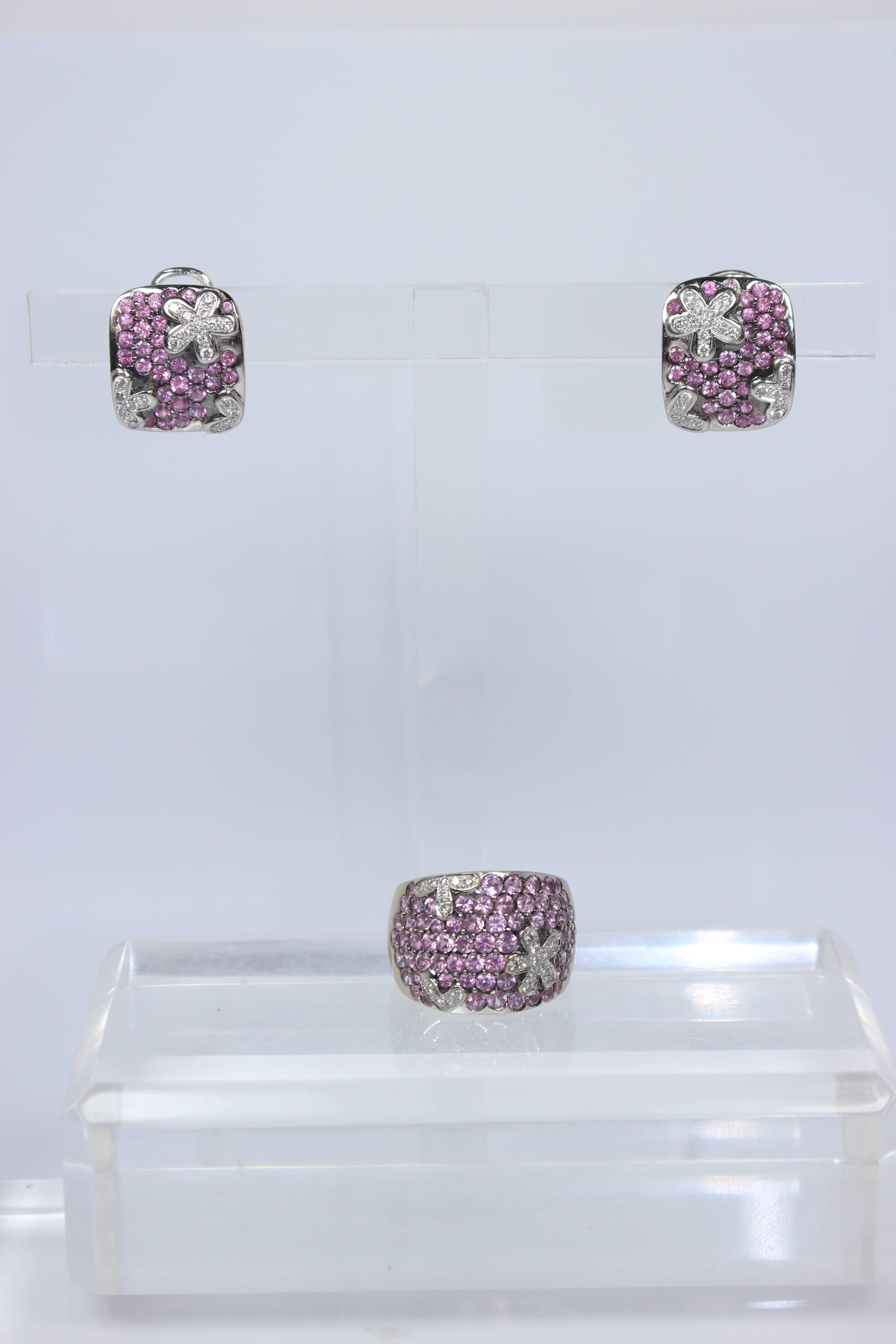 Christina Ferrare Pave Pink Tourmaline and Diamond White Gold Ring & Earring Set For Sale 3