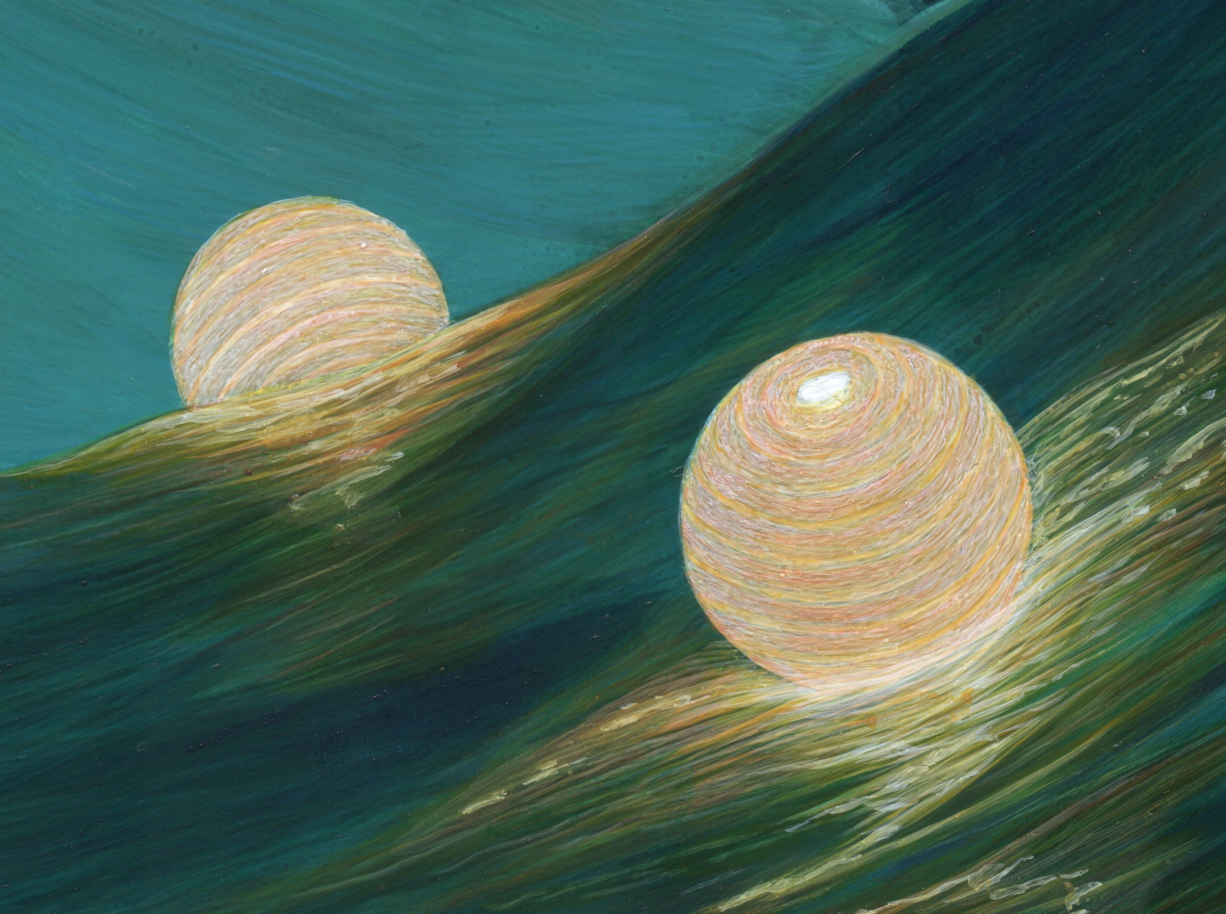 Night Waves - Paper Lanterns on Wayward Seas with Backlit Waves Acrylic on Panel - Painting by Christina Haglid