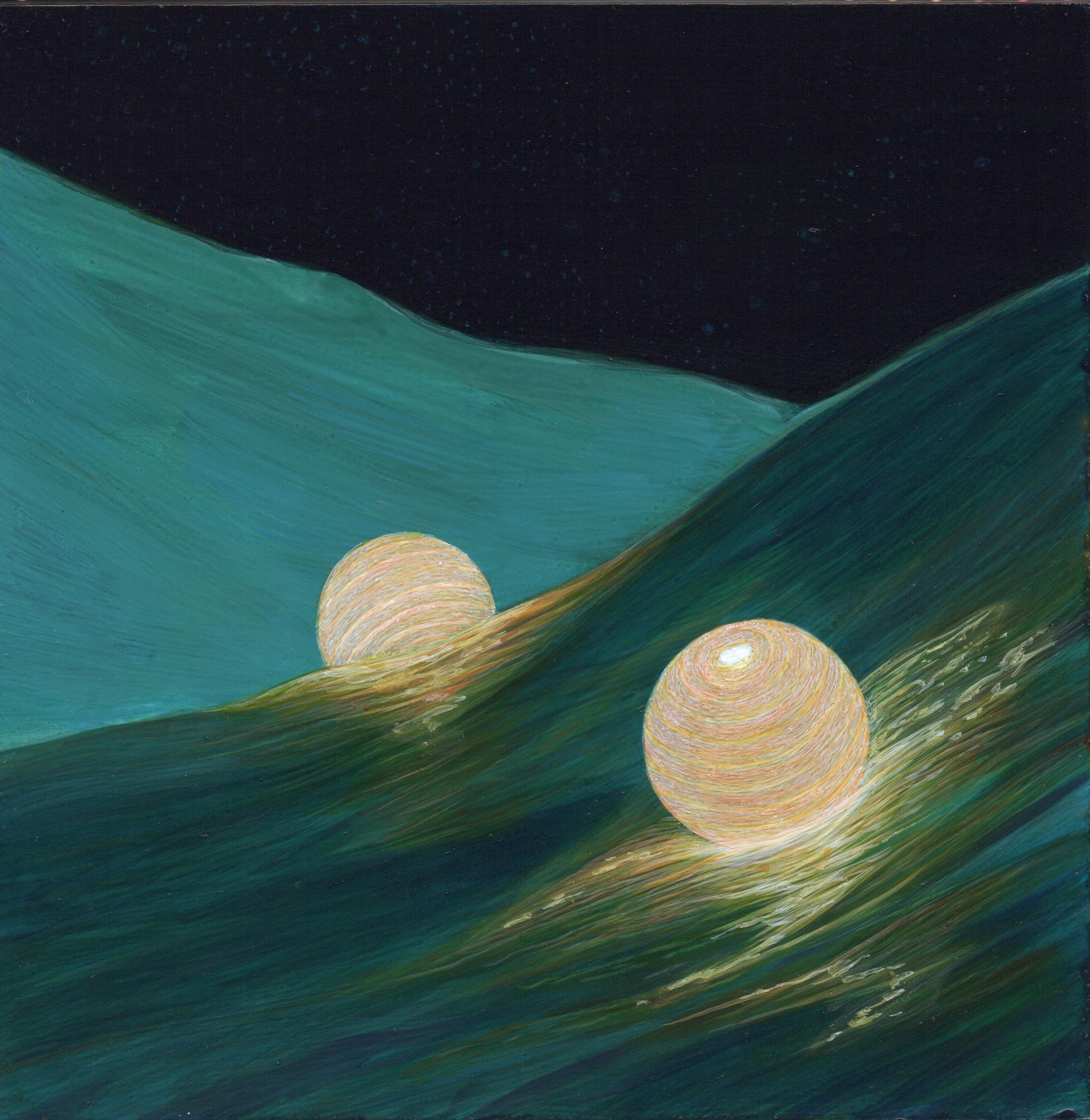 Christina Haglid Still-Life Painting - Night Waves - Paper Lanterns on Wayward Seas with Backlit Waves Acrylic on Panel