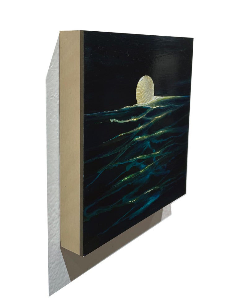 Ocean Current - Illuminated Paper Lantern on Deep Teal Water, Acrylic on Panel - Painting by Christina Haglid
